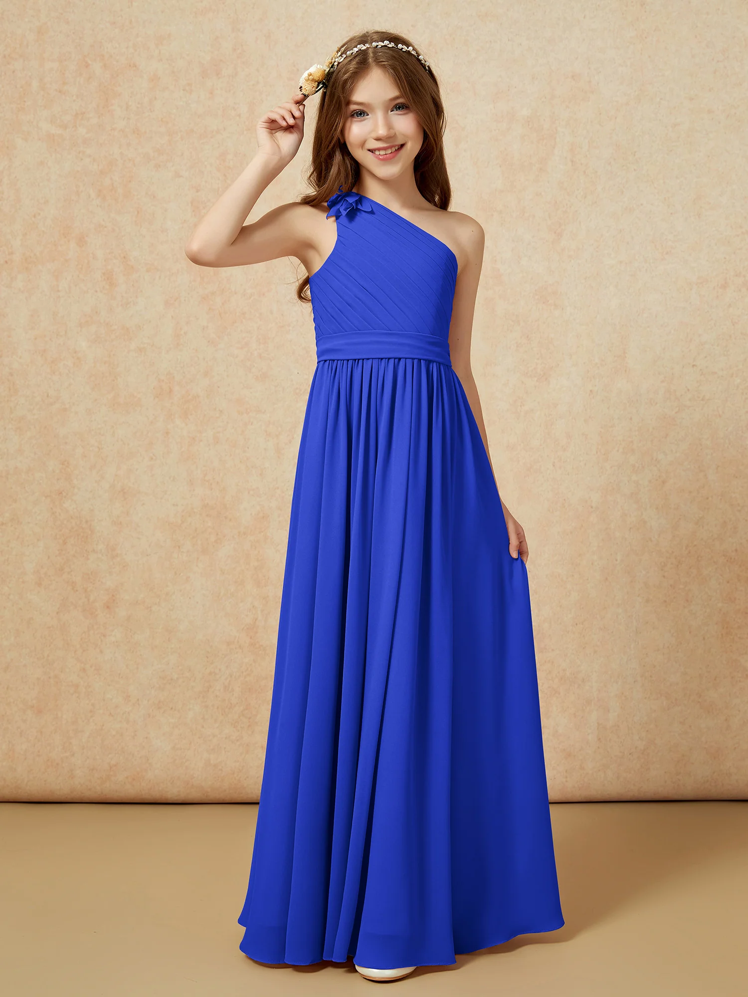 One Shoulder Long Junior Bridesmaid Dress With Belt Royal Blue - Image 3