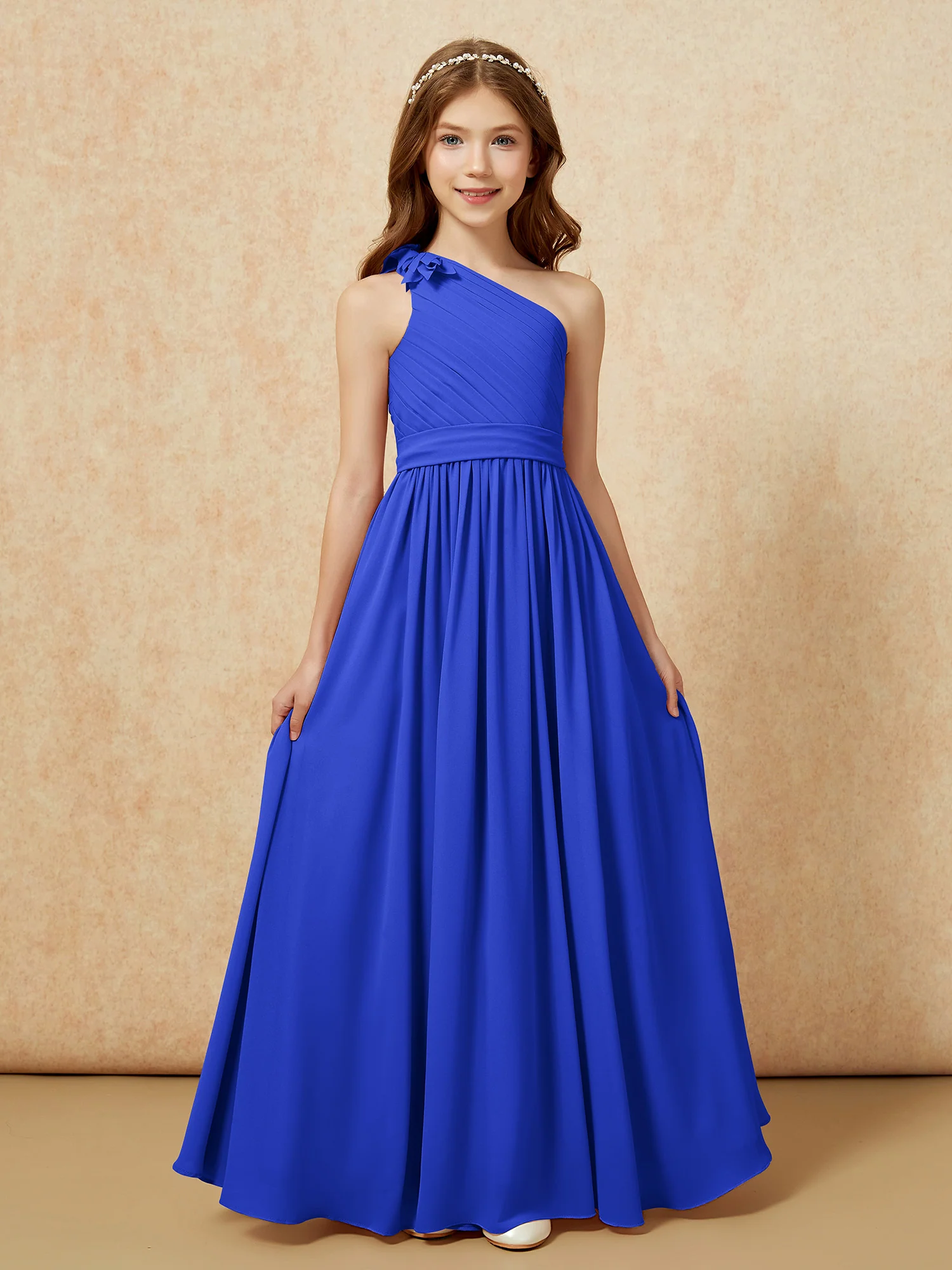 One Shoulder Long Junior Bridesmaid Dress With Belt Royal Blue - Image 4