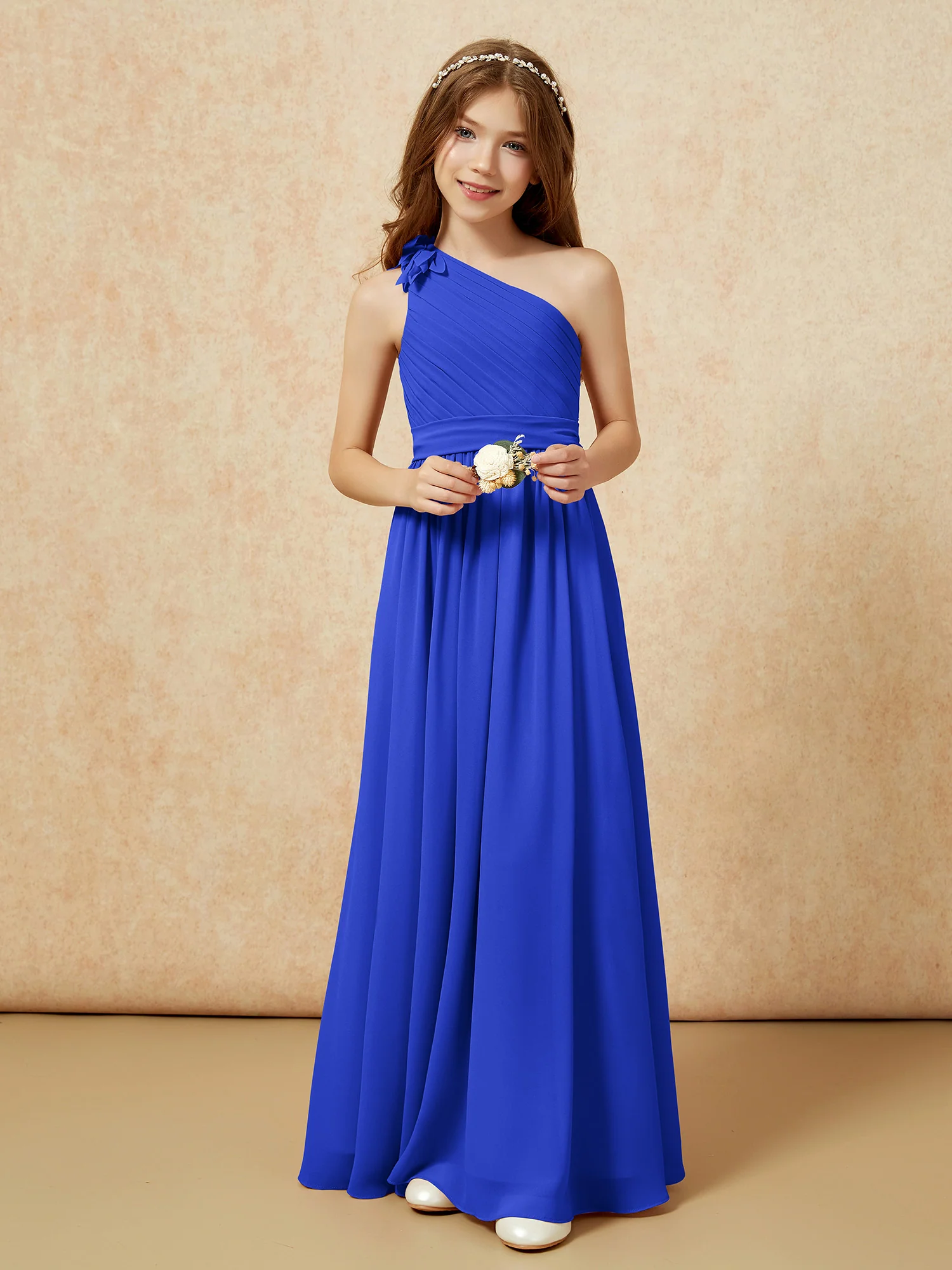 One Shoulder Long Junior Bridesmaid Dress With Belt Royal Blue - Image 6