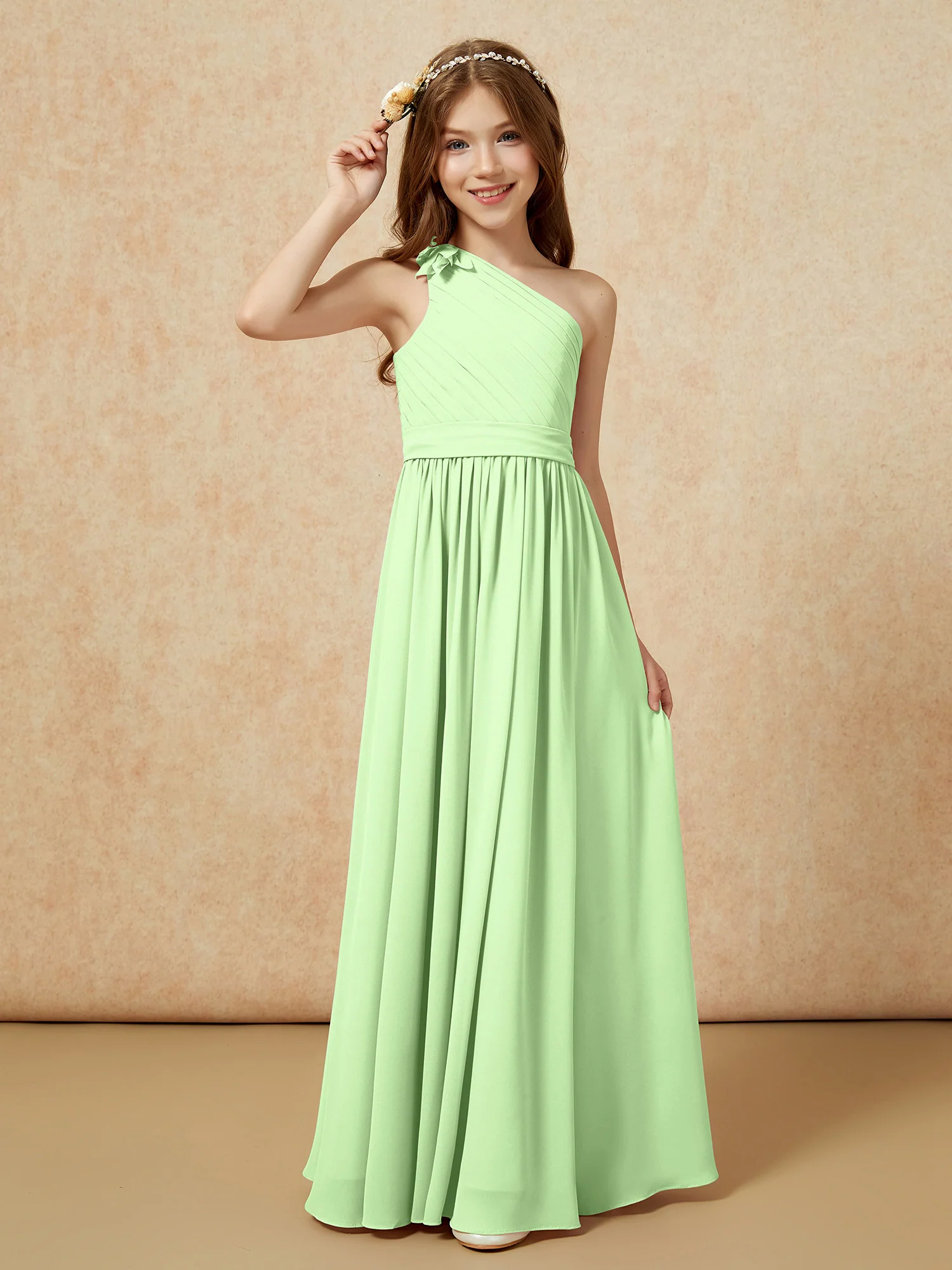 One Shoulder Long Junior Bridesmaid Dress With Belt Sage - Image 3