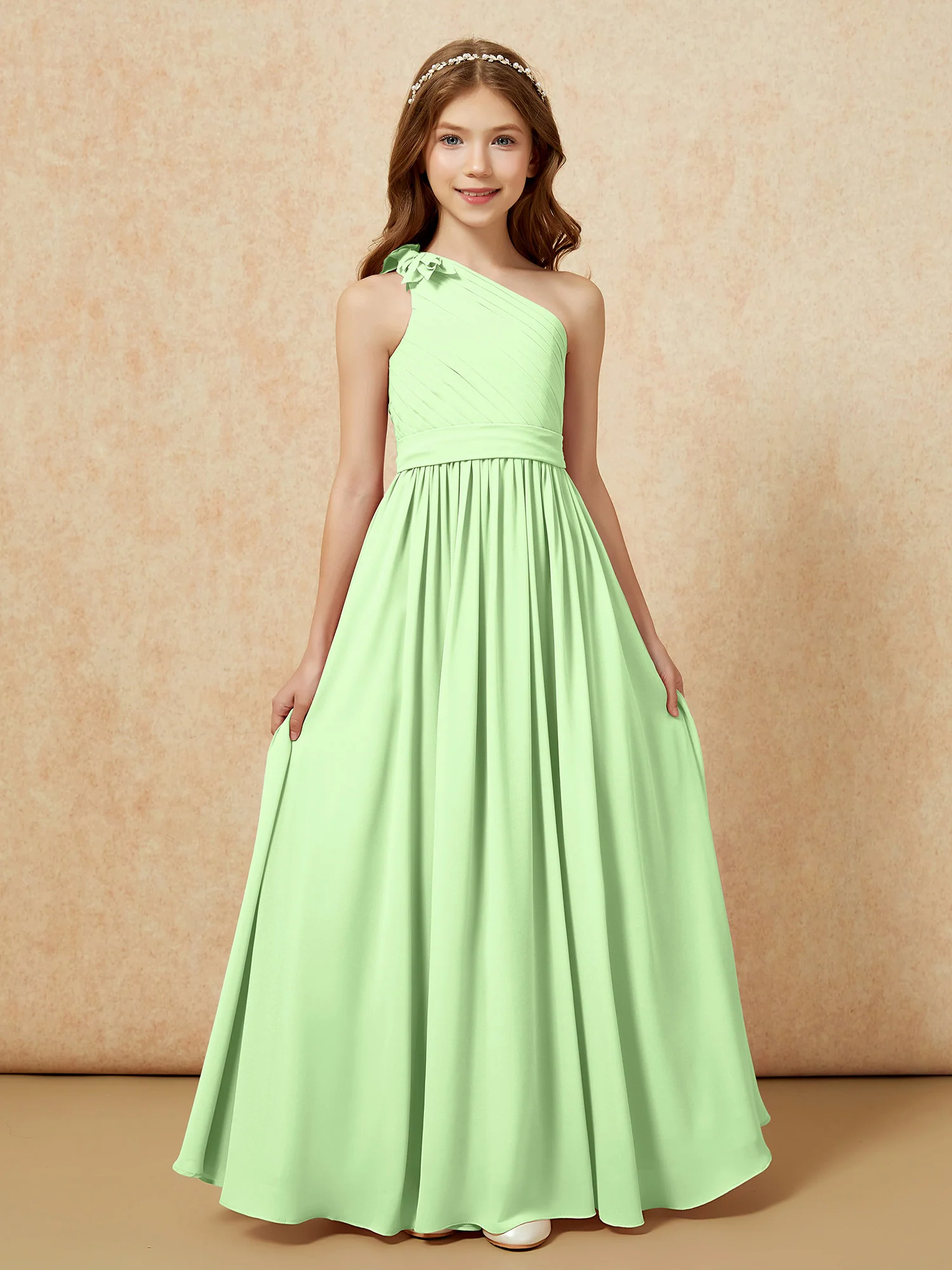 One Shoulder Long Junior Bridesmaid Dress With Belt Sage - Image 4