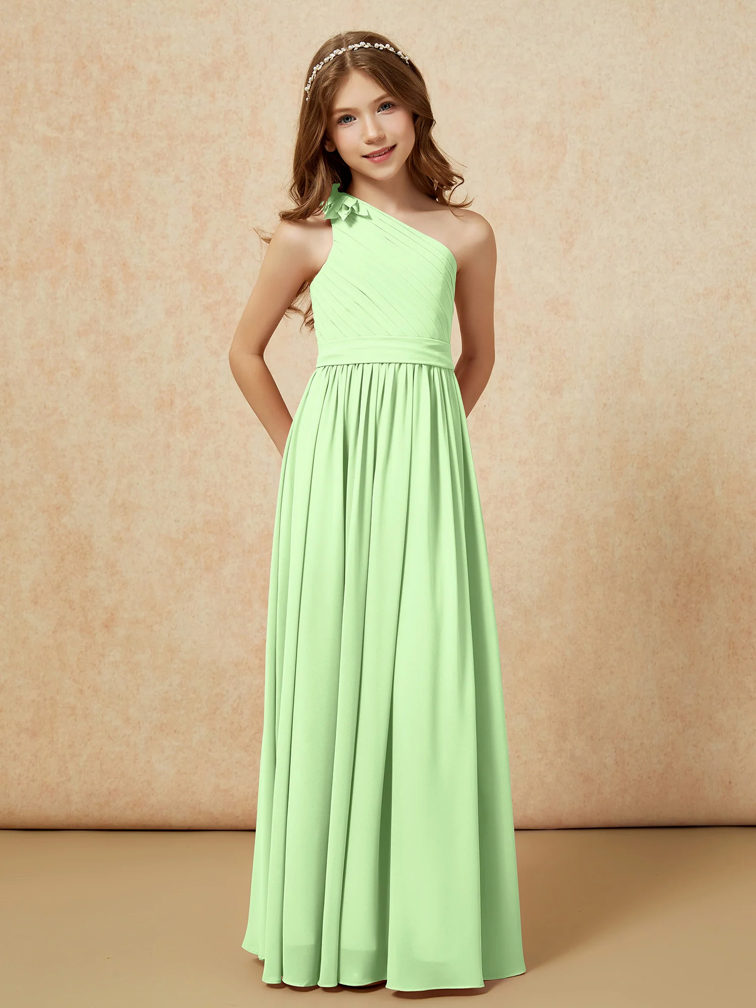 One Shoulder Long Junior Bridesmaid Dress With Belt Sage - Image 5