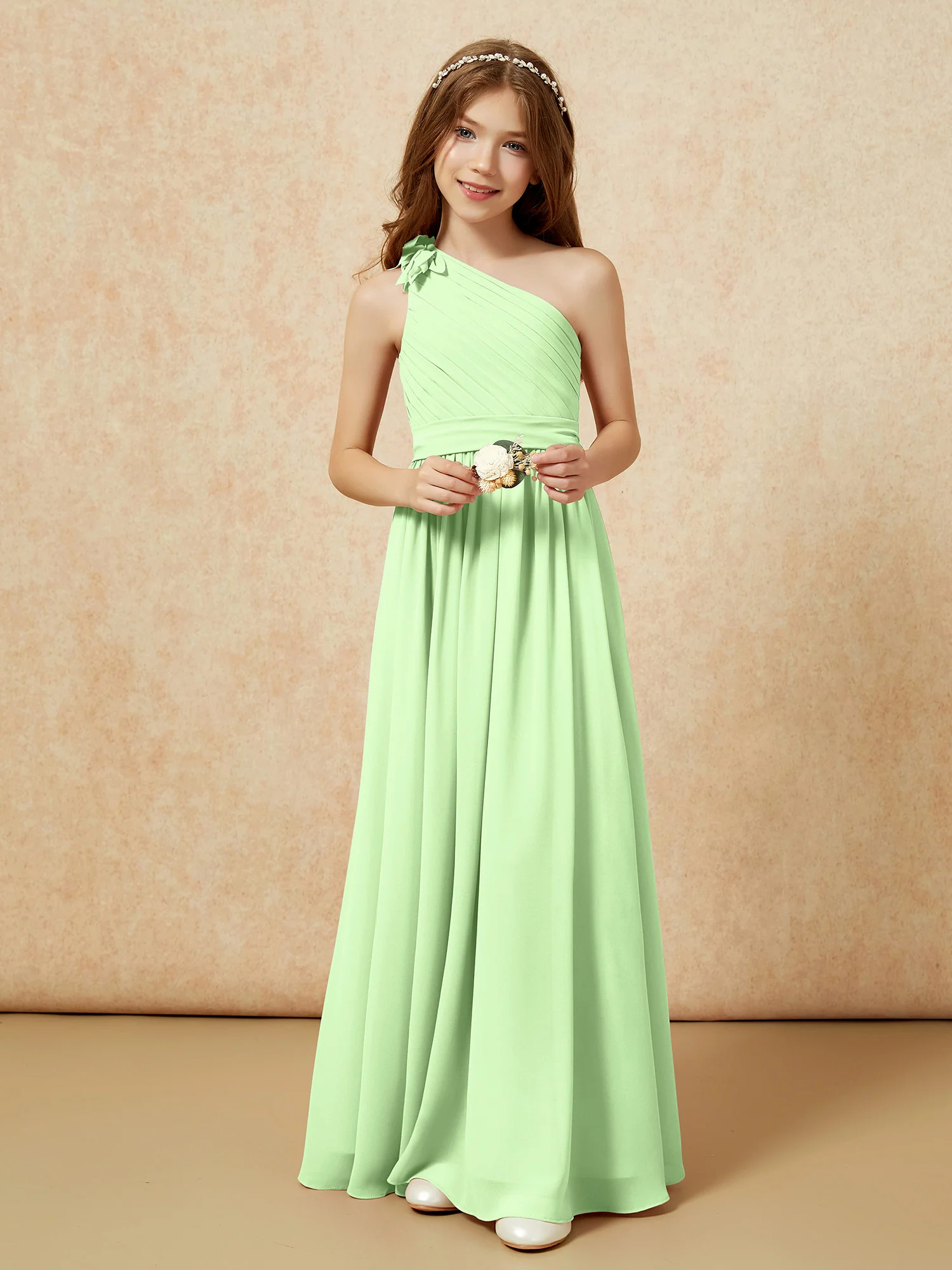 One Shoulder Long Junior Bridesmaid Dress With Belt Sage - Image 6