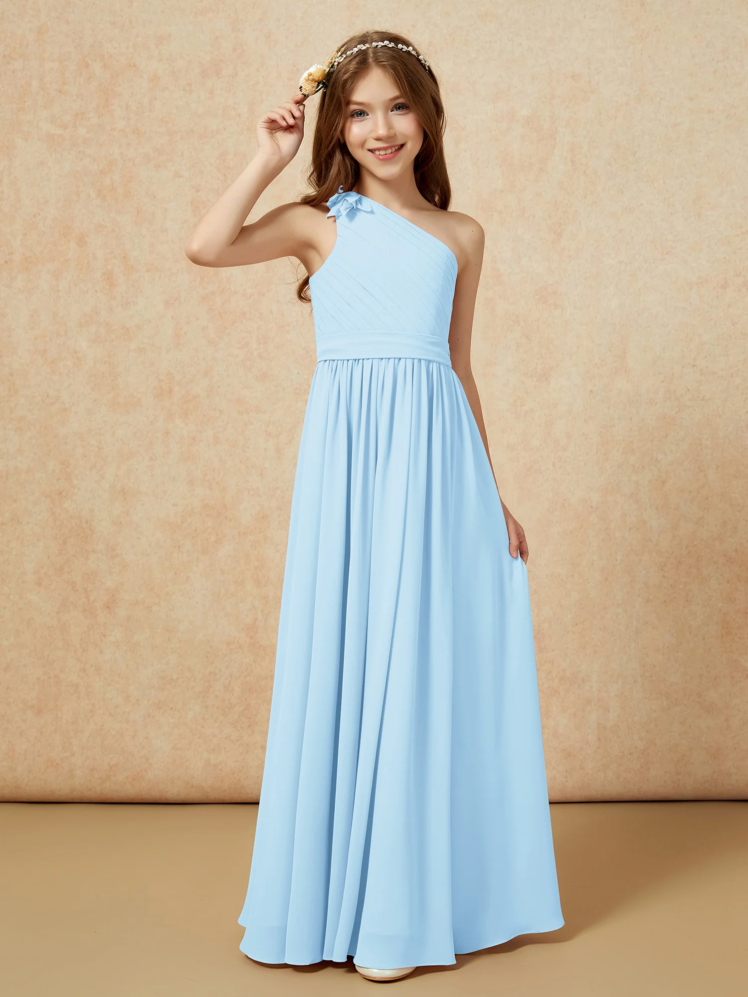 One Shoulder Long Junior Bridesmaid Dress With Belt Sky Blue - Image 3