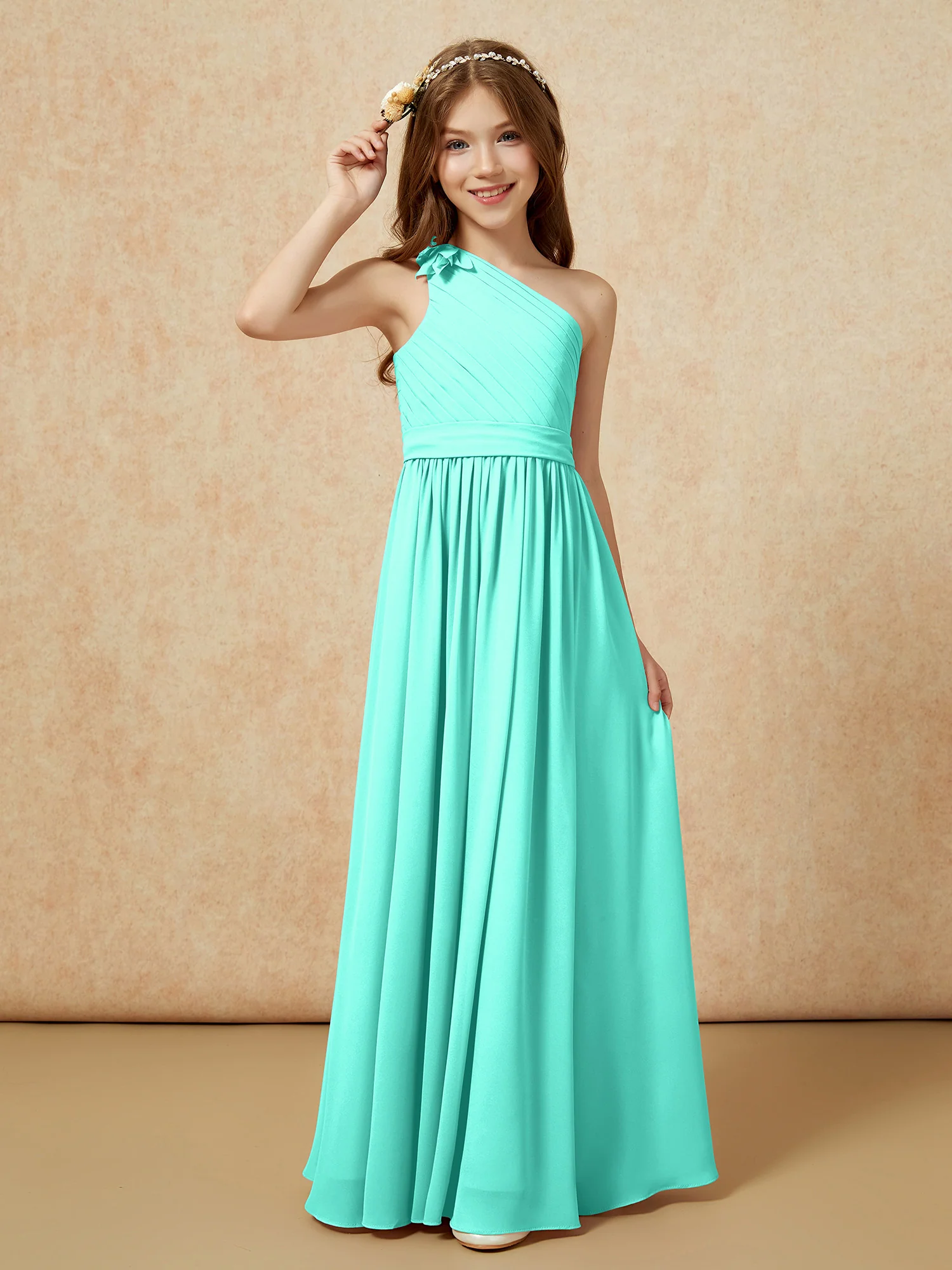 One Shoulder Long Junior Bridesmaid Dress With Belt Spa - Image 3