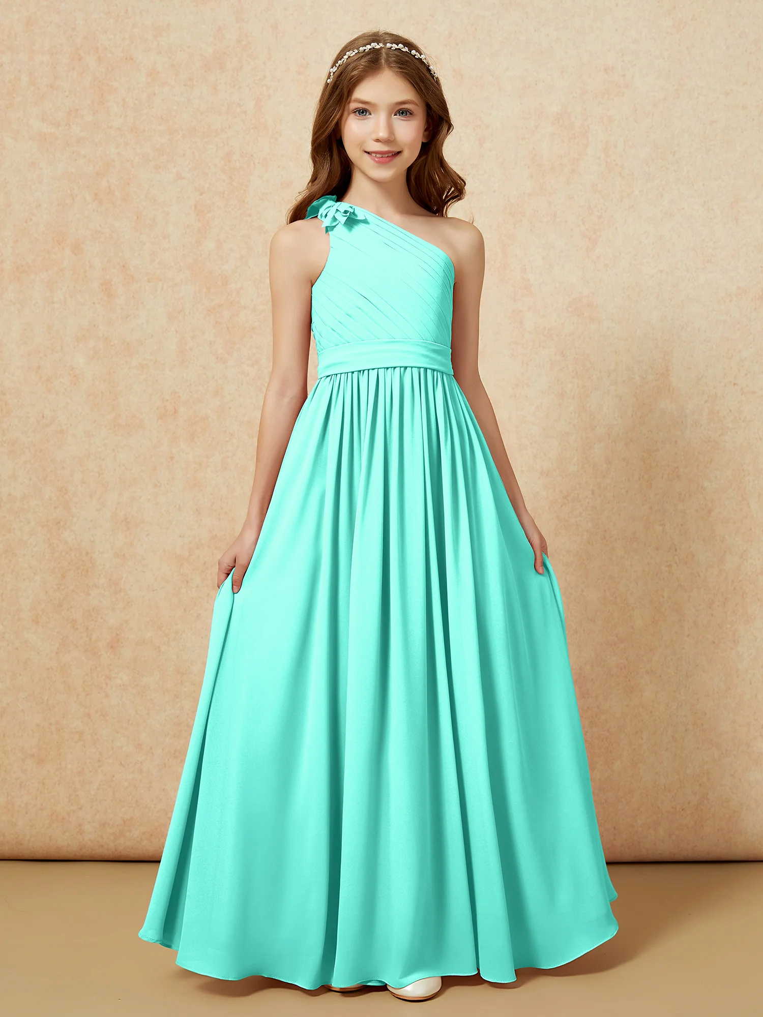One Shoulder Long Junior Bridesmaid Dress With Belt Spa - Image 4