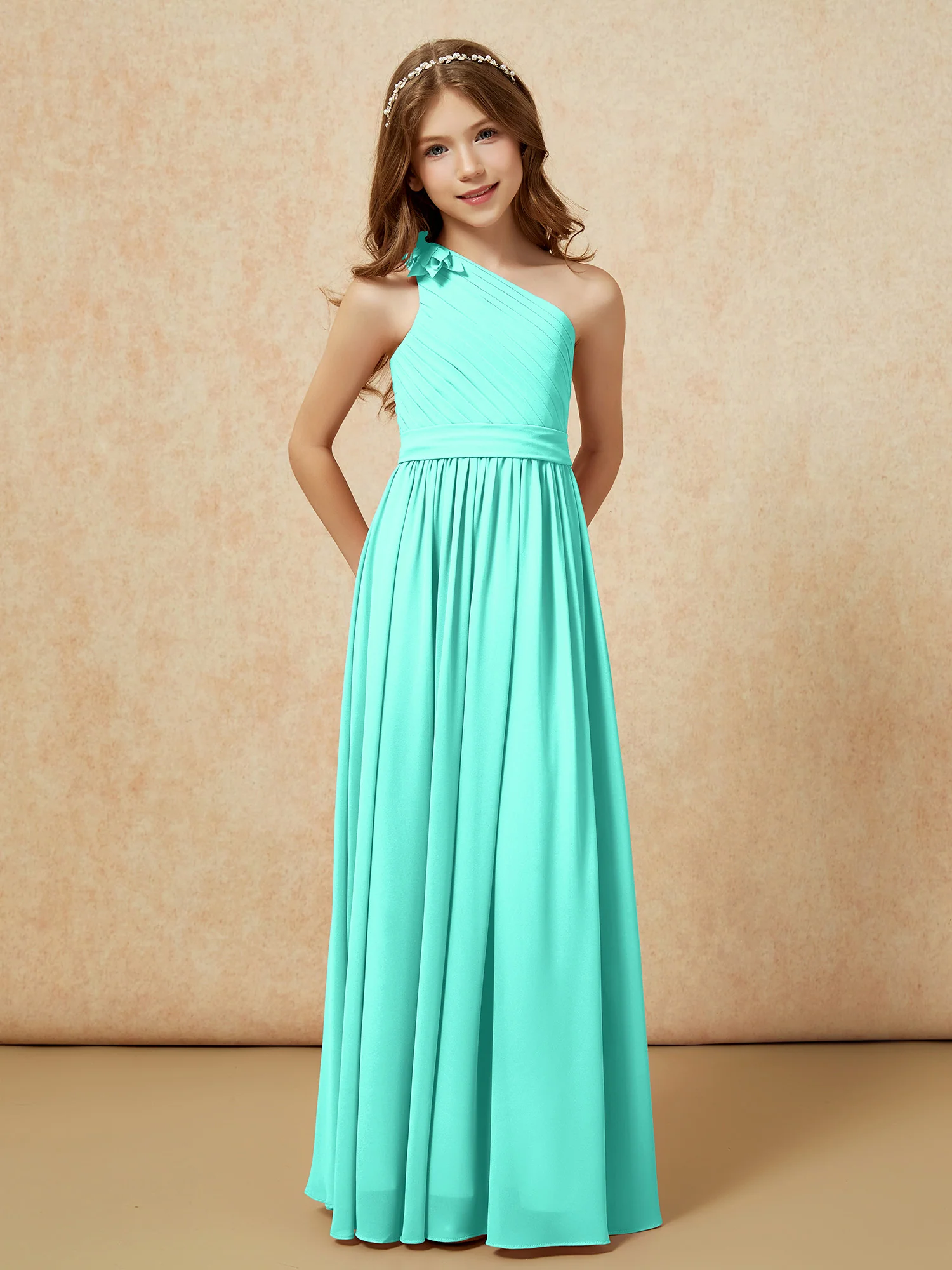 One Shoulder Long Junior Bridesmaid Dress With Belt Spa - Image 5