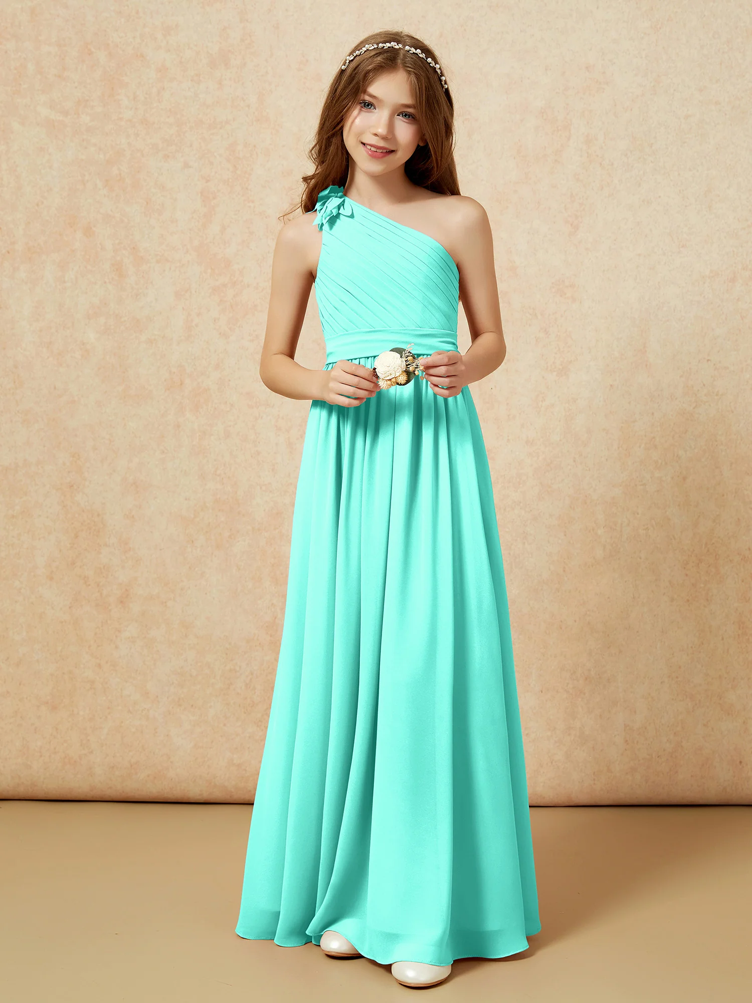 One Shoulder Long Junior Bridesmaid Dress With Belt Spa - Image 6