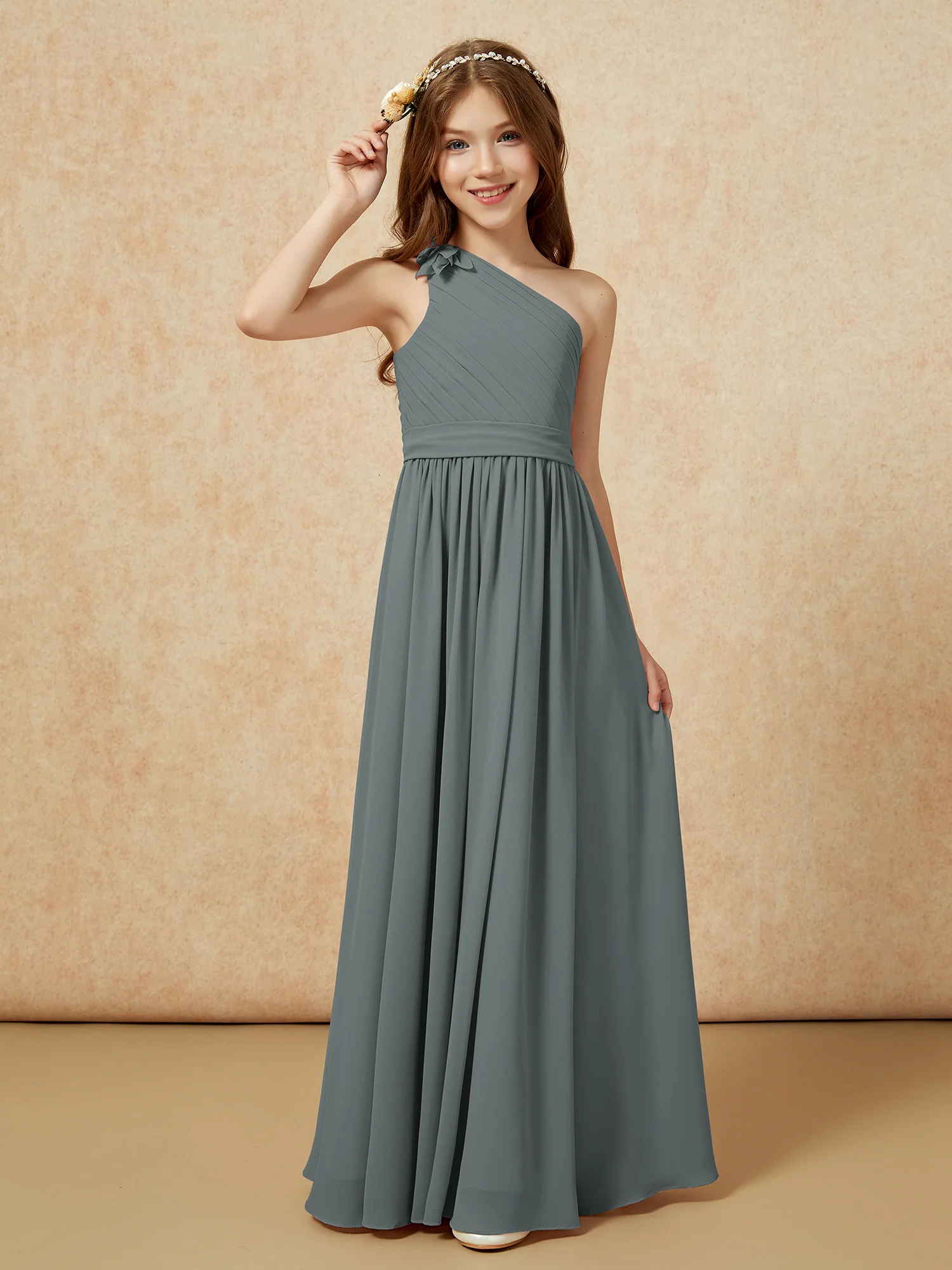 One Shoulder Long Junior Bridesmaid Dress With Belt Steel Grey - Image 3