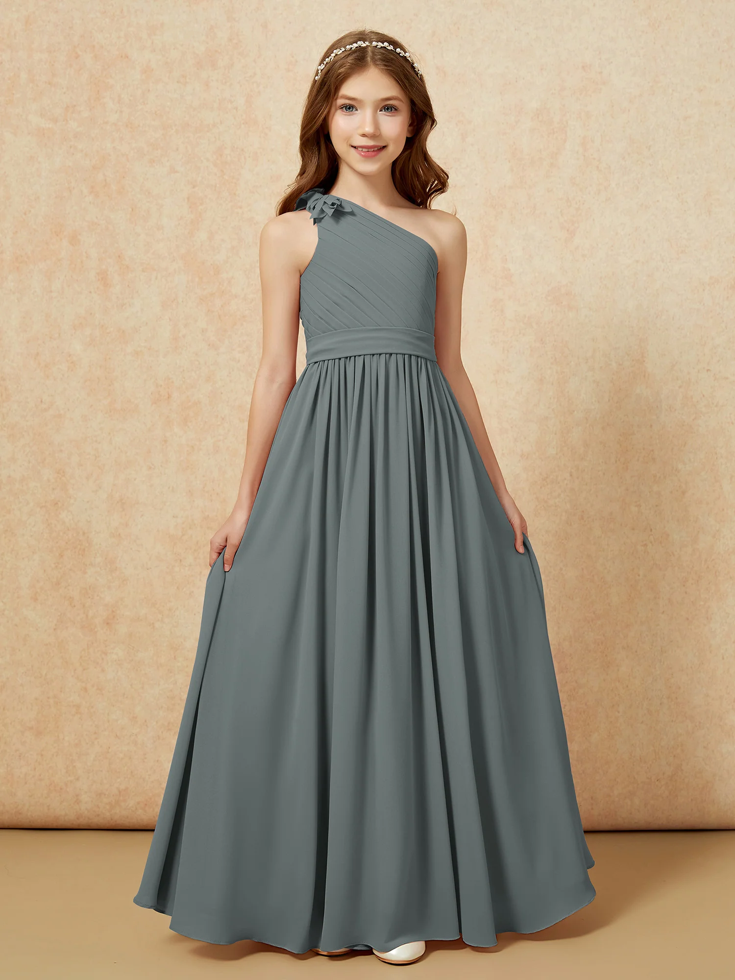 One Shoulder Long Junior Bridesmaid Dress With Belt Steel Grey - Image 4