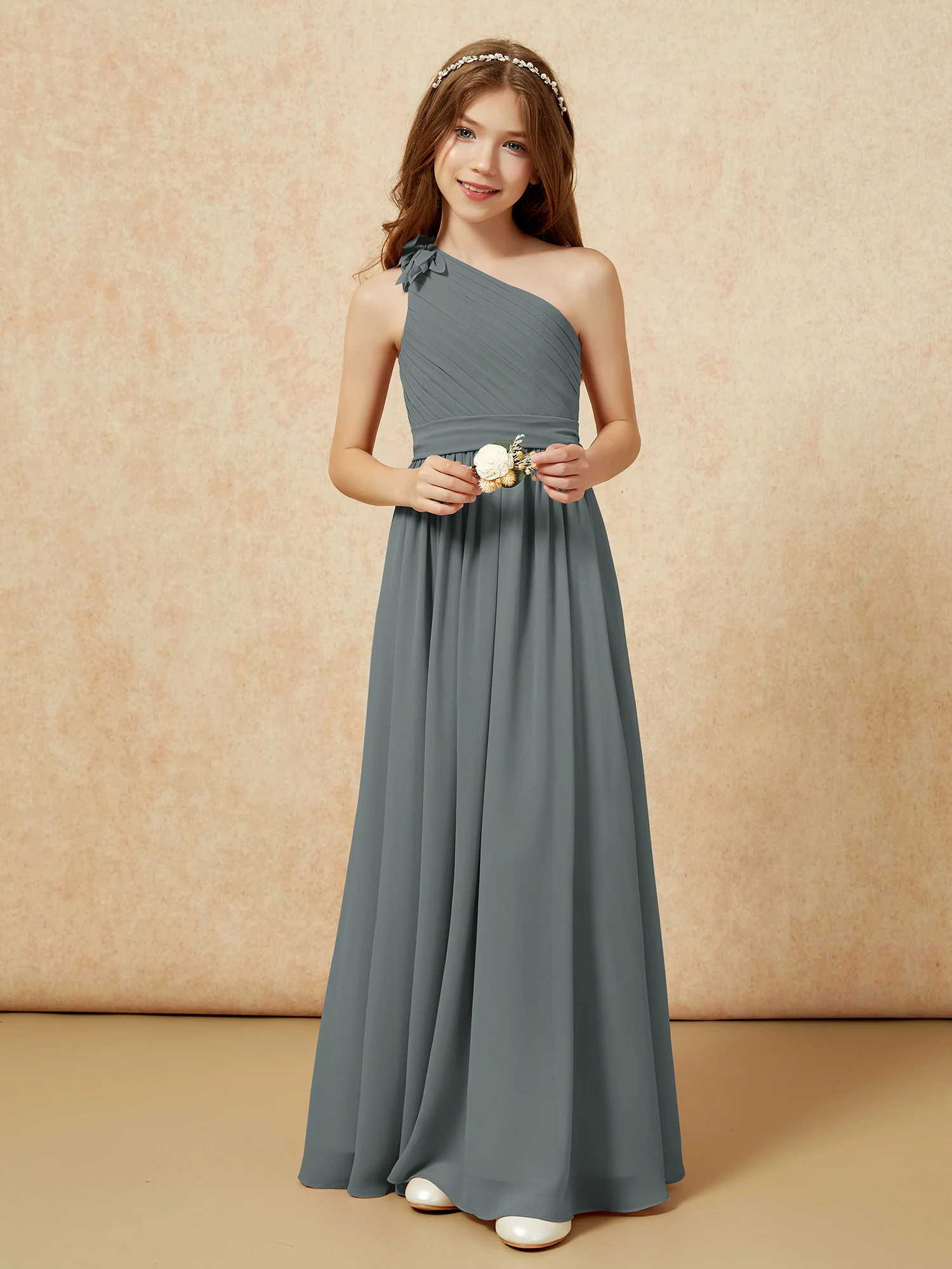 One Shoulder Long Junior Bridesmaid Dress With Belt Steel Grey - Image 6