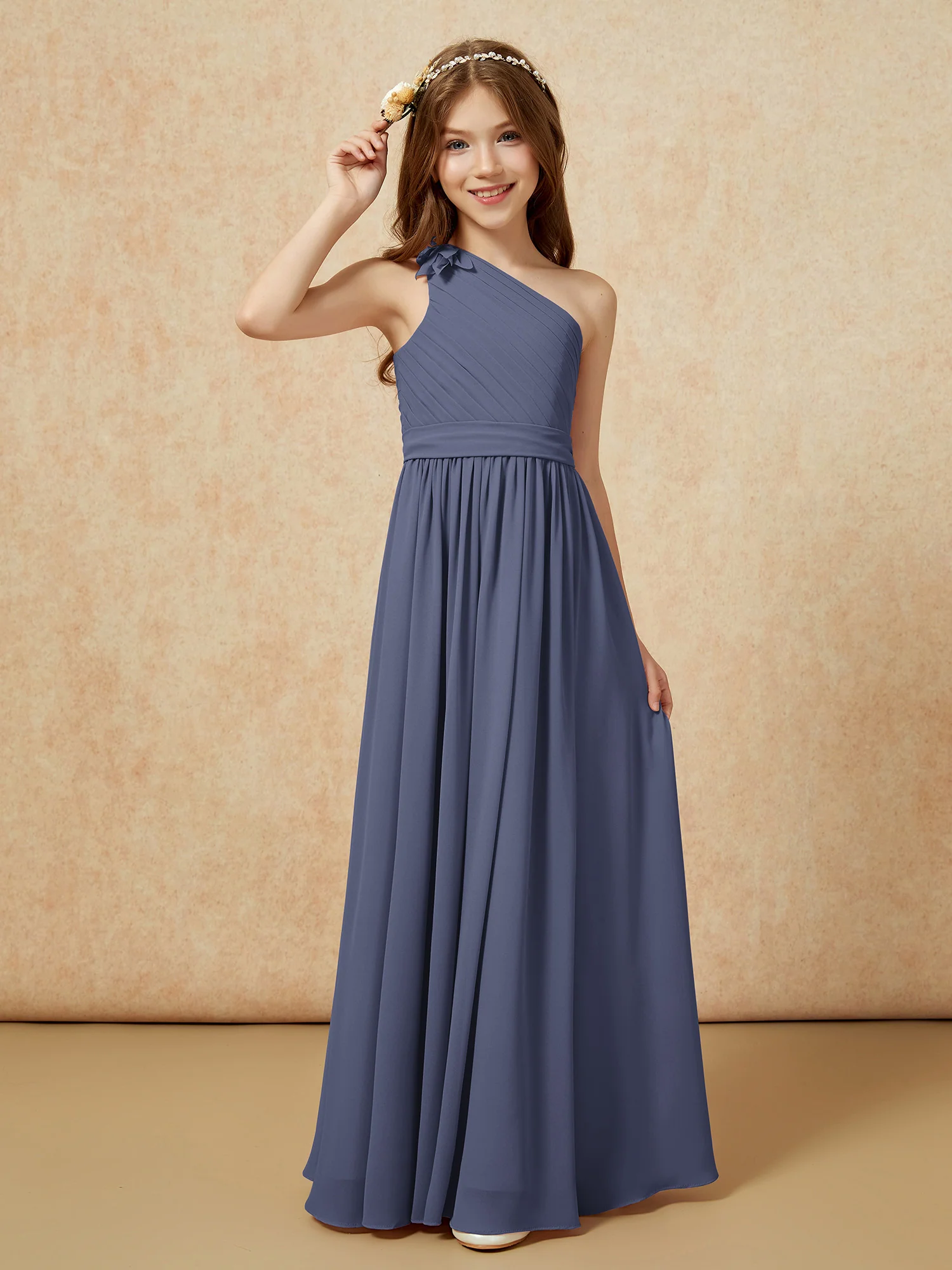 One Shoulder Long Junior Bridesmaid Dress With Belt Stormy - Image 3