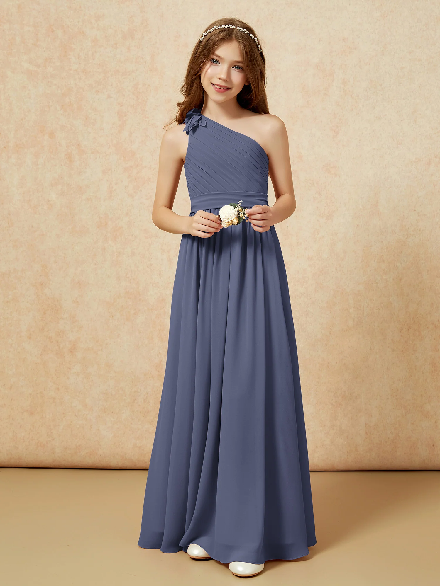 One Shoulder Long Junior Bridesmaid Dress With Belt Stormy - Image 6