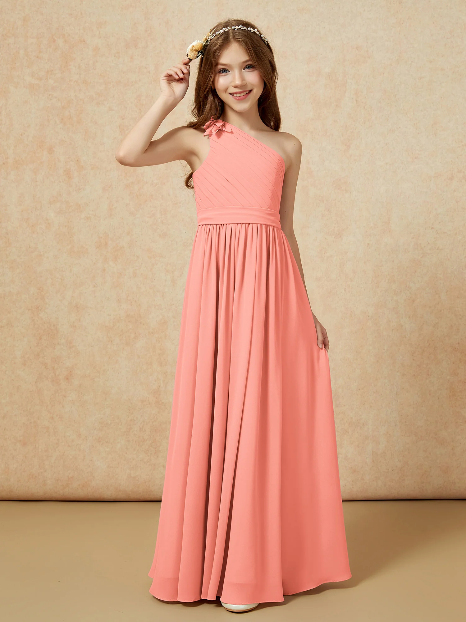 One Shoulder Long Junior Bridesmaid Dress With Belt Sunset - Image 3