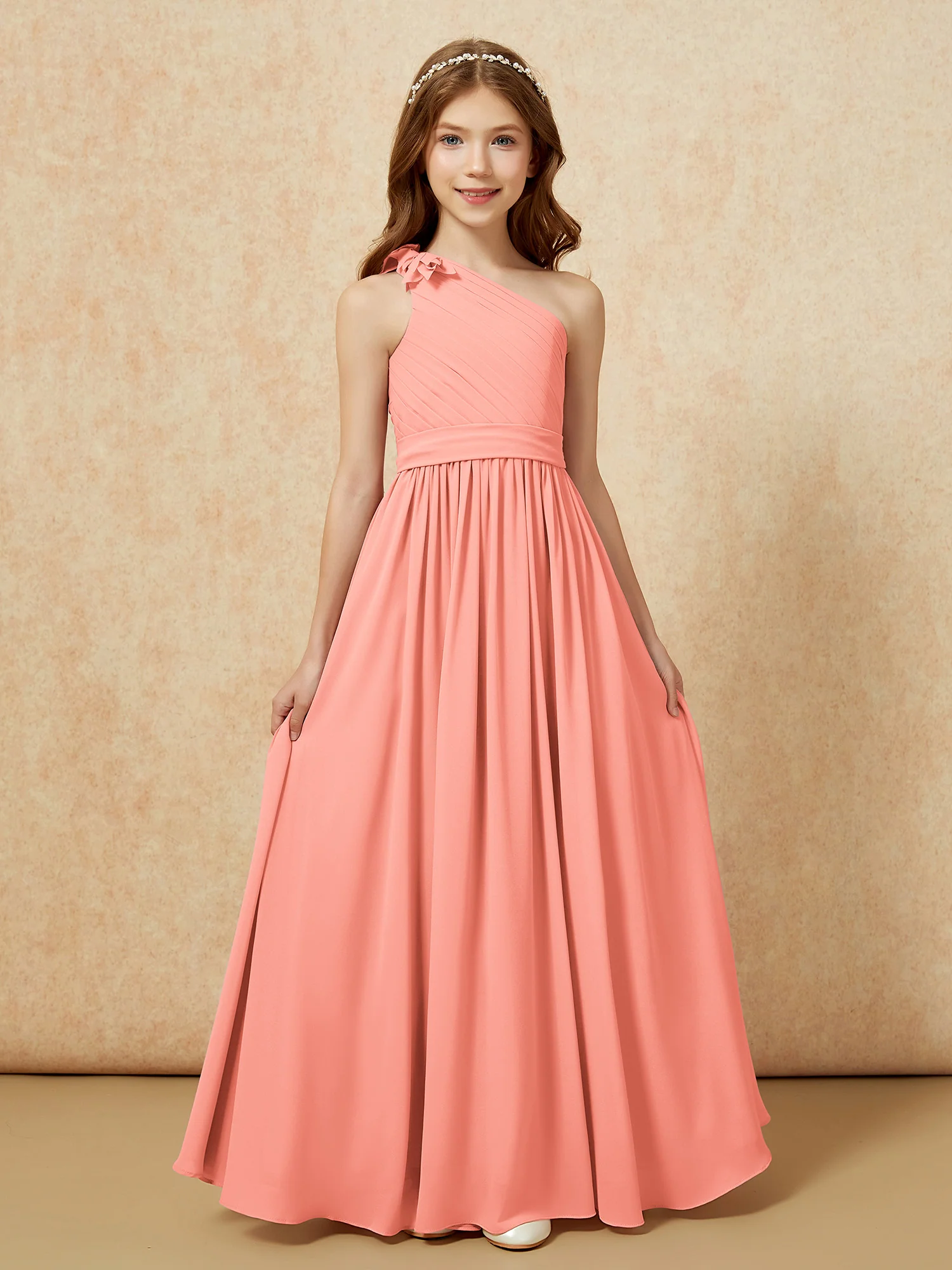 One Shoulder Long Junior Bridesmaid Dress With Belt Sunset - Image 4