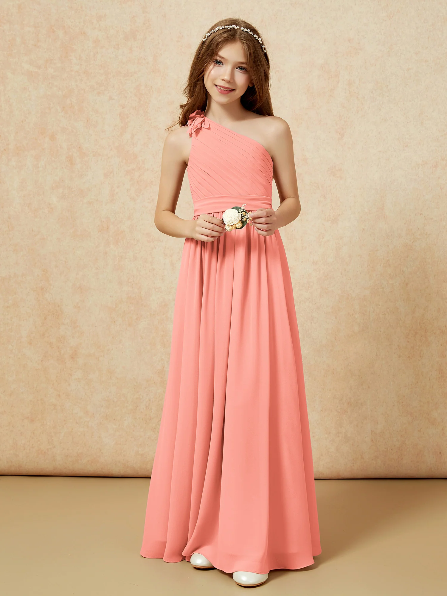 One Shoulder Long Junior Bridesmaid Dress With Belt Sunset - Image 6