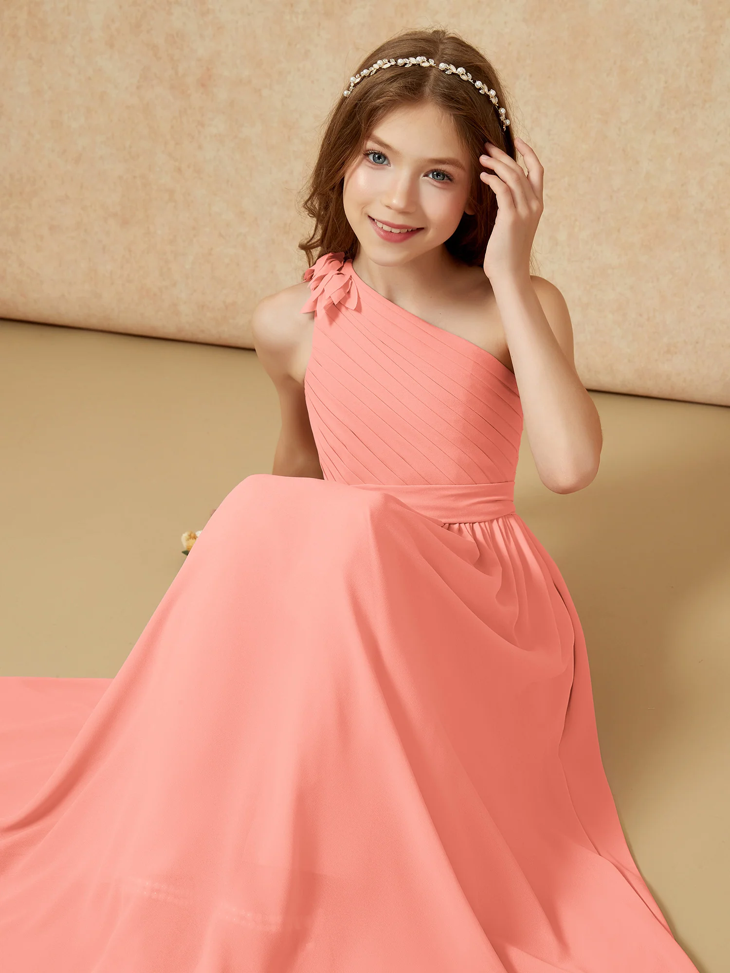 One Shoulder Long Junior Bridesmaid Dress With Belt Sunset - Image 7