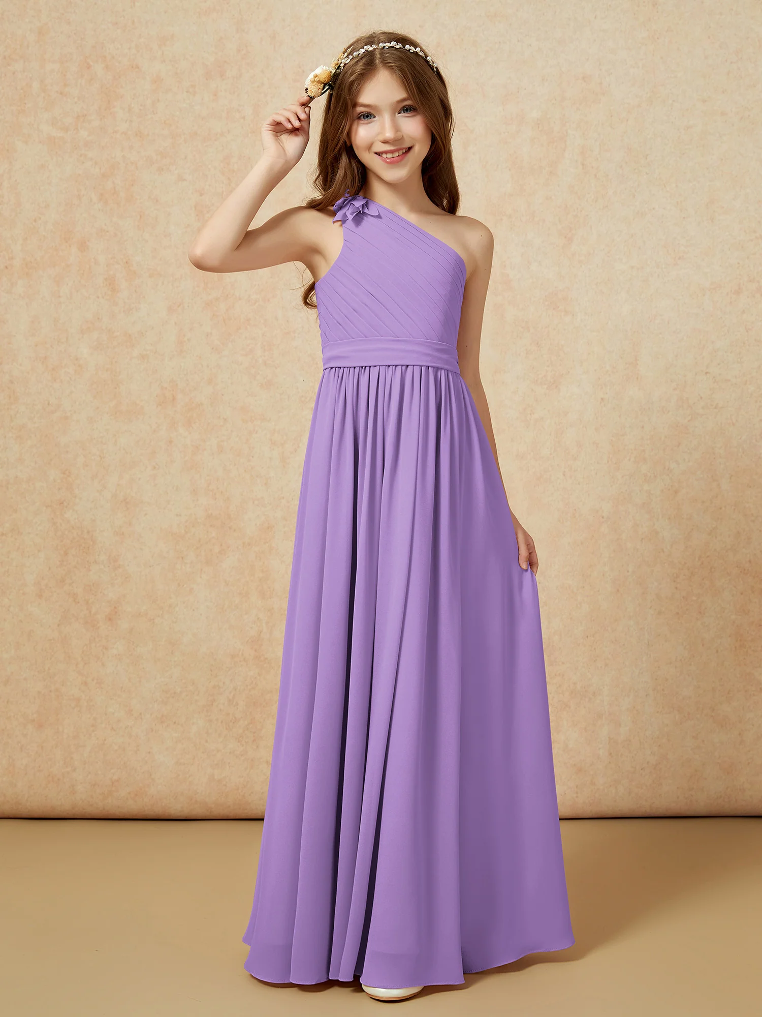 One Shoulder Long Junior Bridesmaid Dress With Belt Tahiti - Image 3