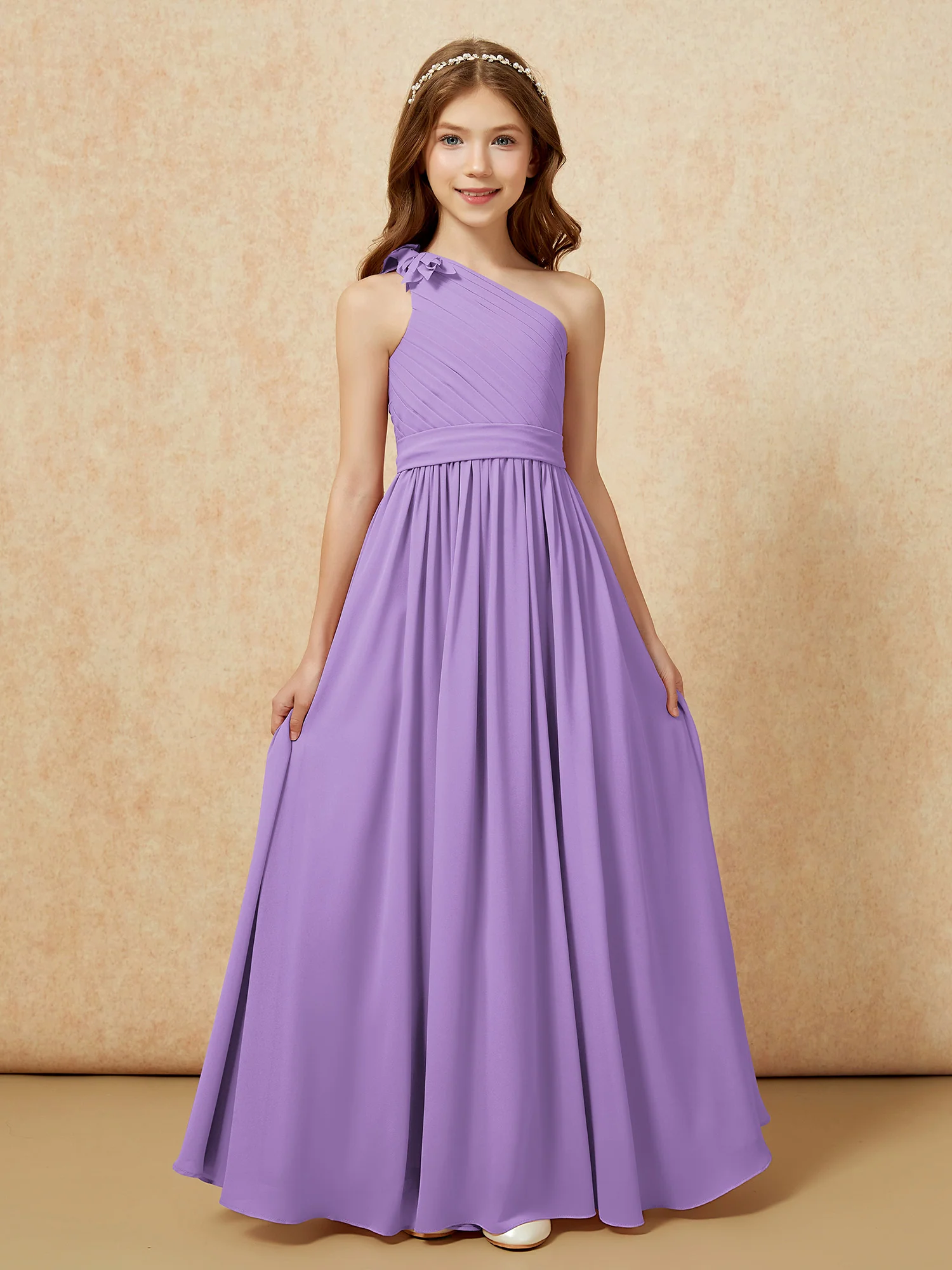 One Shoulder Long Junior Bridesmaid Dress With Belt Tahiti - Image 4