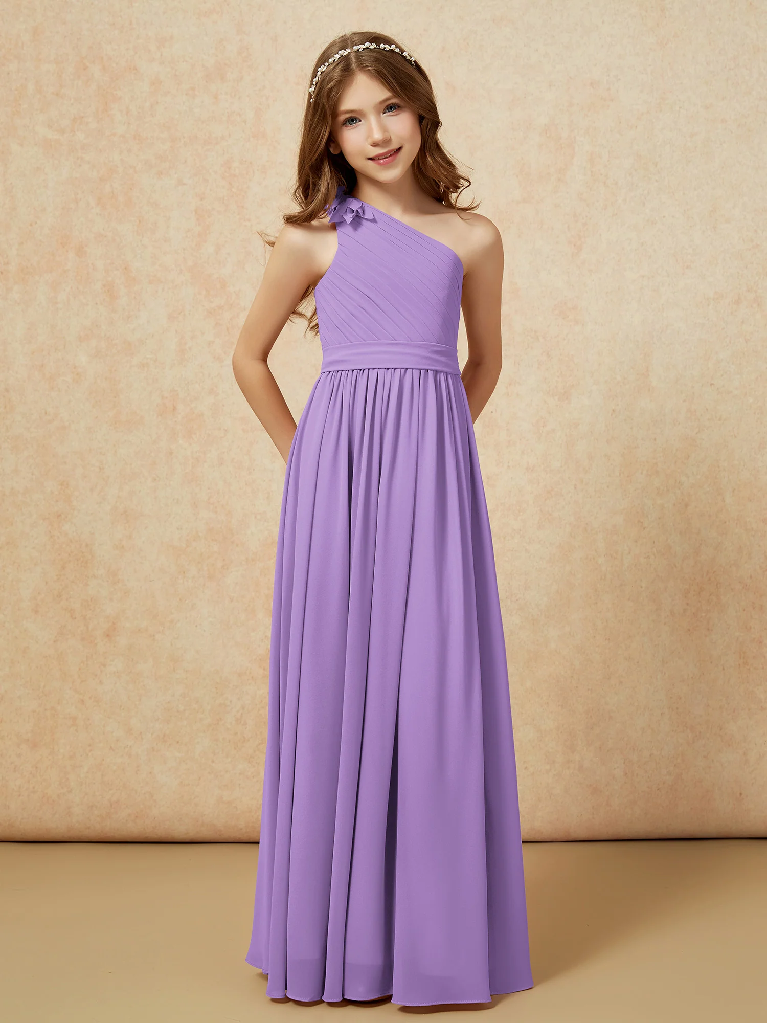 One Shoulder Long Junior Bridesmaid Dress With Belt Tahiti - Image 5