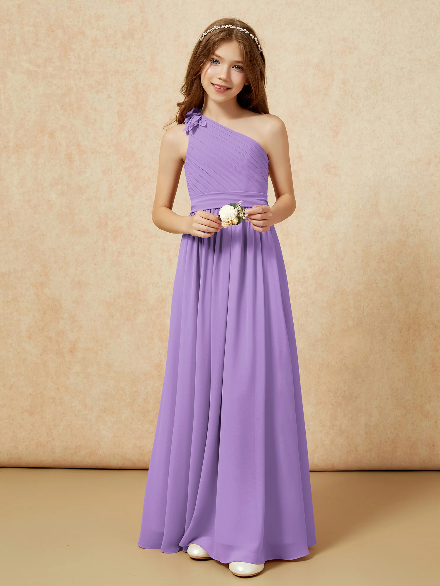 One Shoulder Long Junior Bridesmaid Dress With Belt Tahiti - Image 6