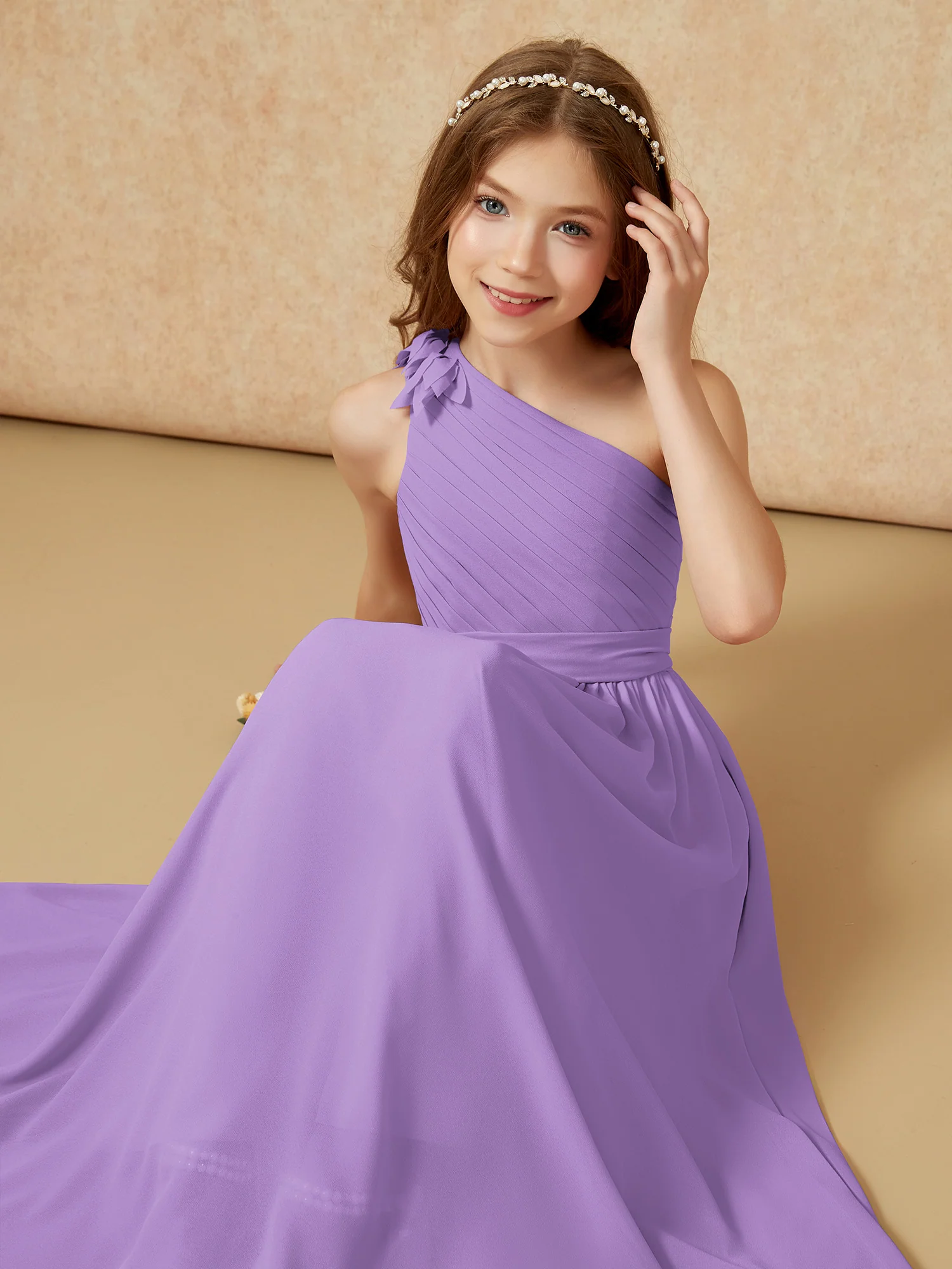 One Shoulder Long Junior Bridesmaid Dress With Belt Tahiti - Image 7