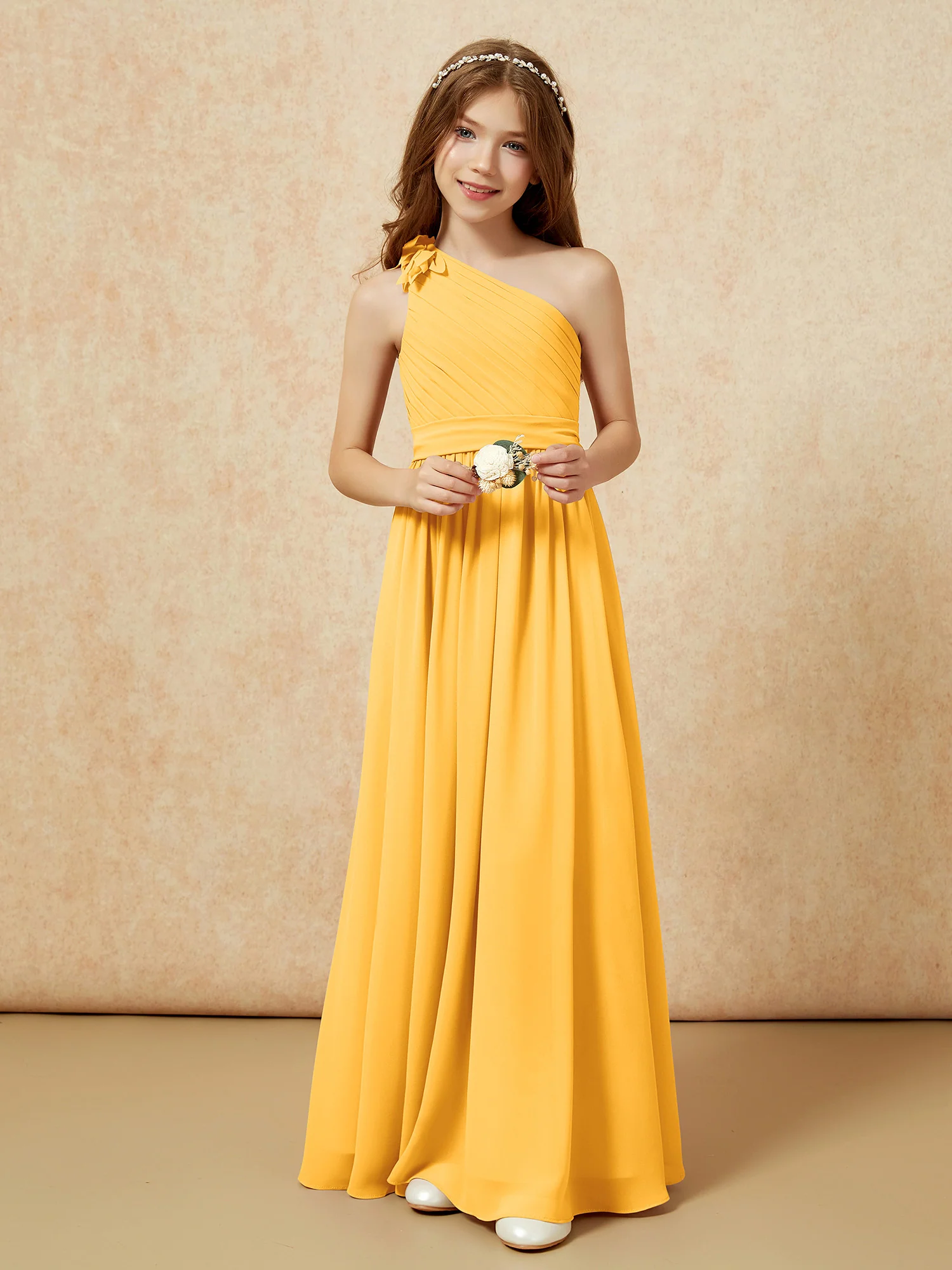 One Shoulder Long Junior Bridesmaid Dress With Belt Tangerine - Image 6