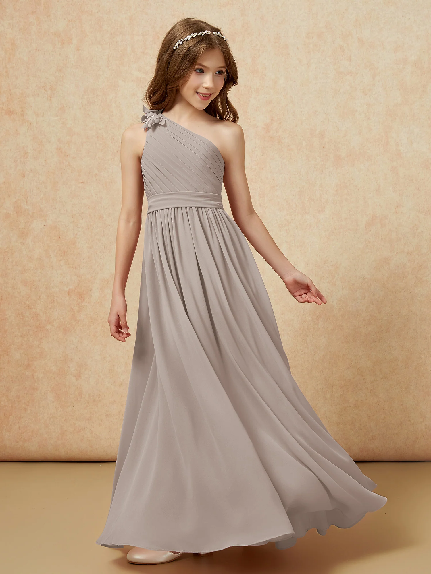 One Shoulder Long Junior Bridesmaid Dress With Belt Taupe