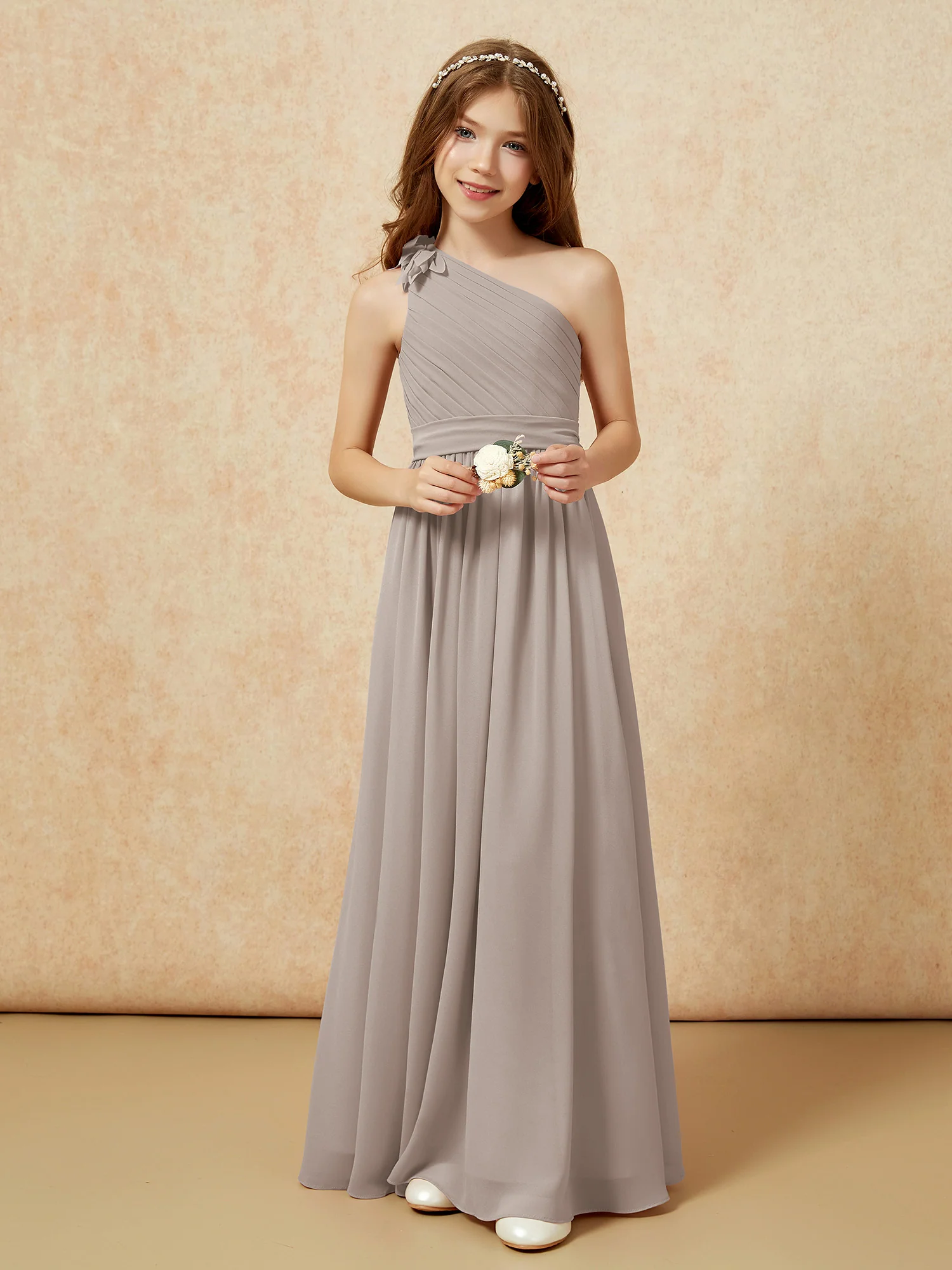 One Shoulder Long Junior Bridesmaid Dress With Belt Taupe - Image 6