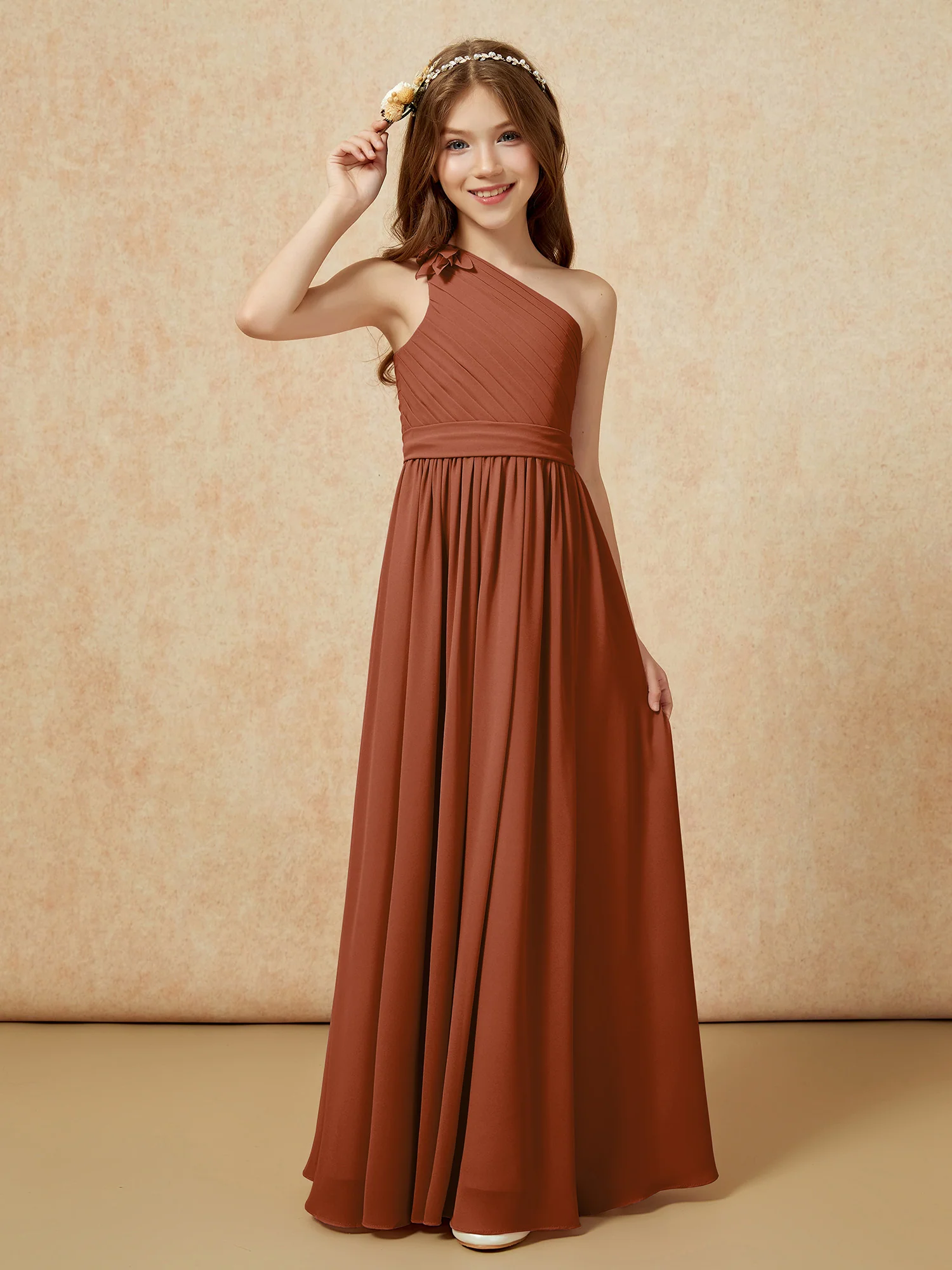 One Shoulder Long Junior Bridesmaid Dress With Belt Terracotta - Image 3