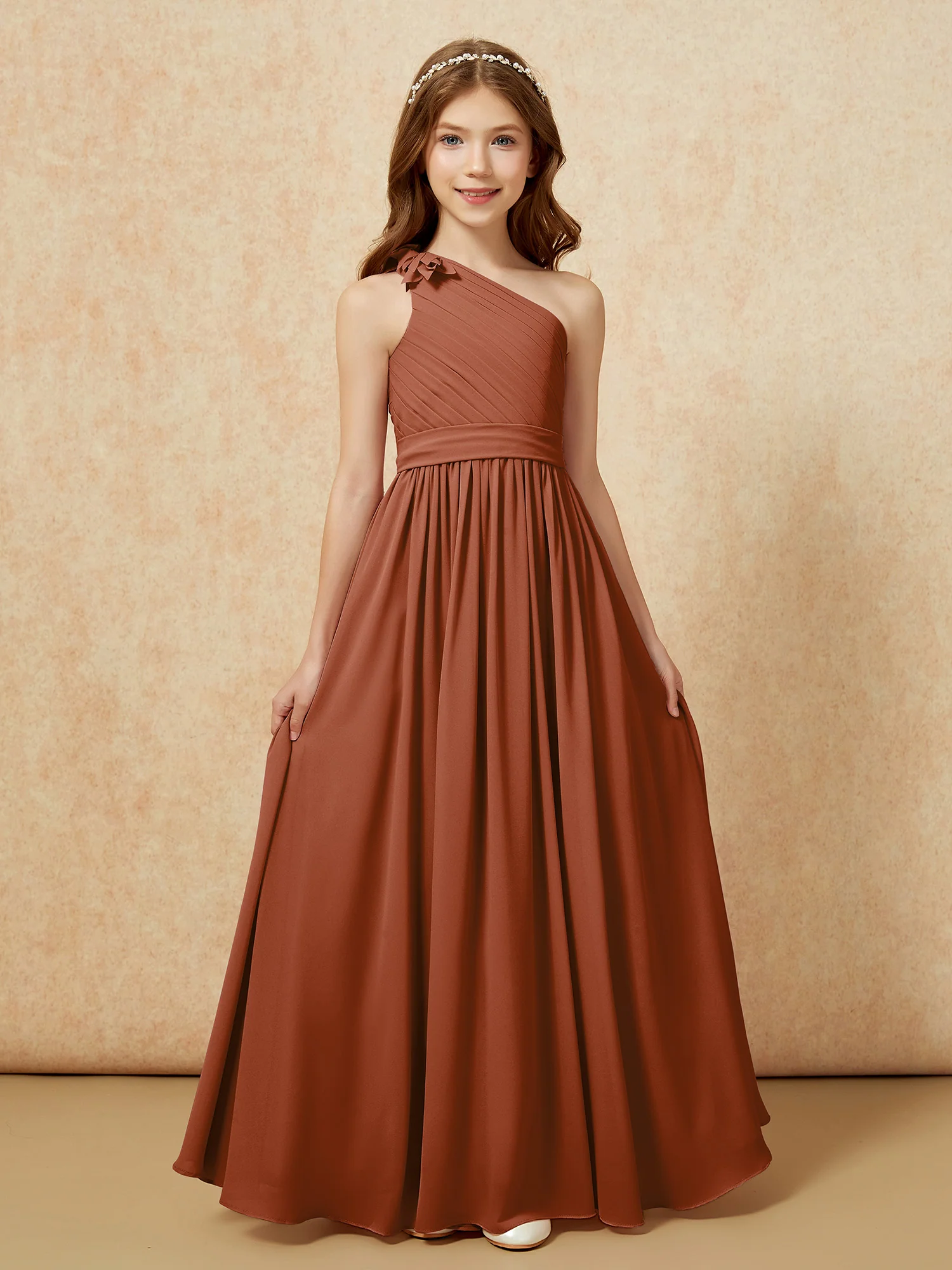 One Shoulder Long Junior Bridesmaid Dress With Belt Terracotta - Image 4