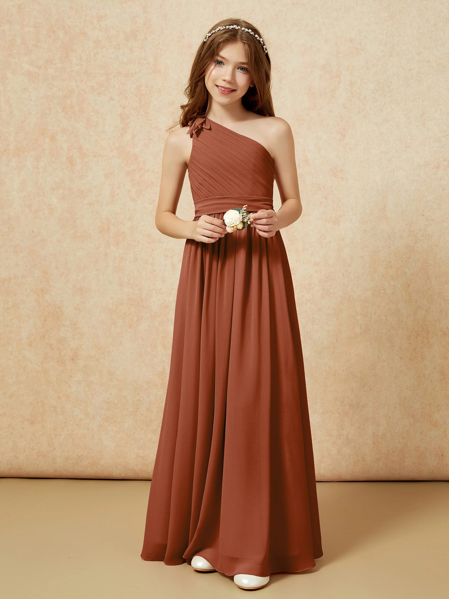 One Shoulder Long Junior Bridesmaid Dress With Belt Terracotta - Image 6