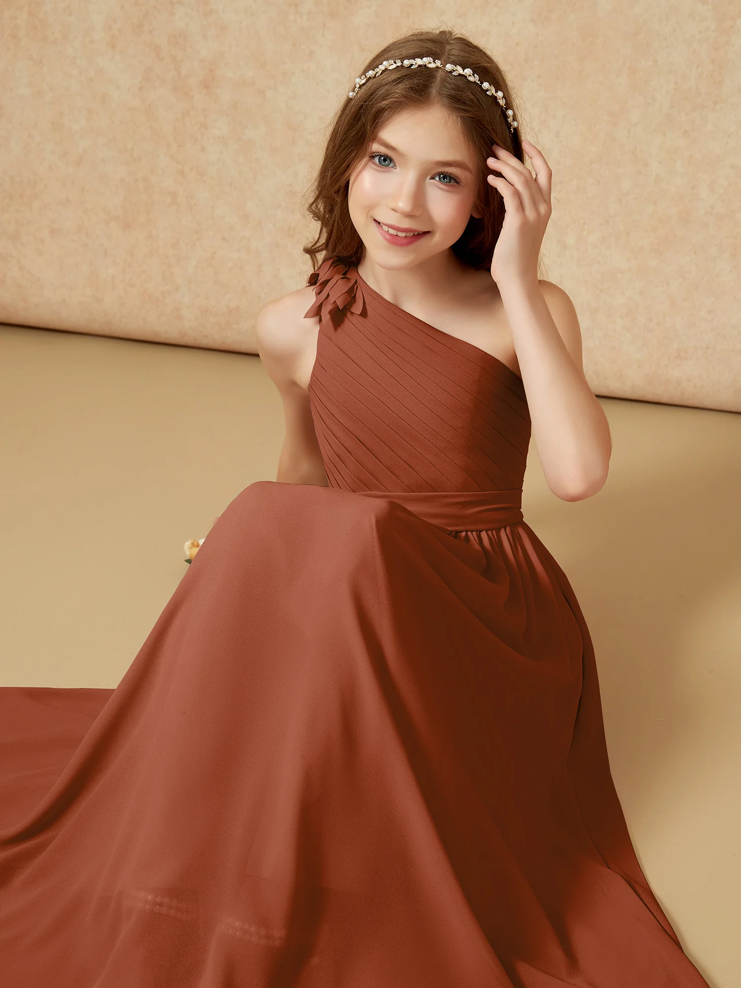 One Shoulder Long Junior Bridesmaid Dress With Belt Terracotta - Image 7