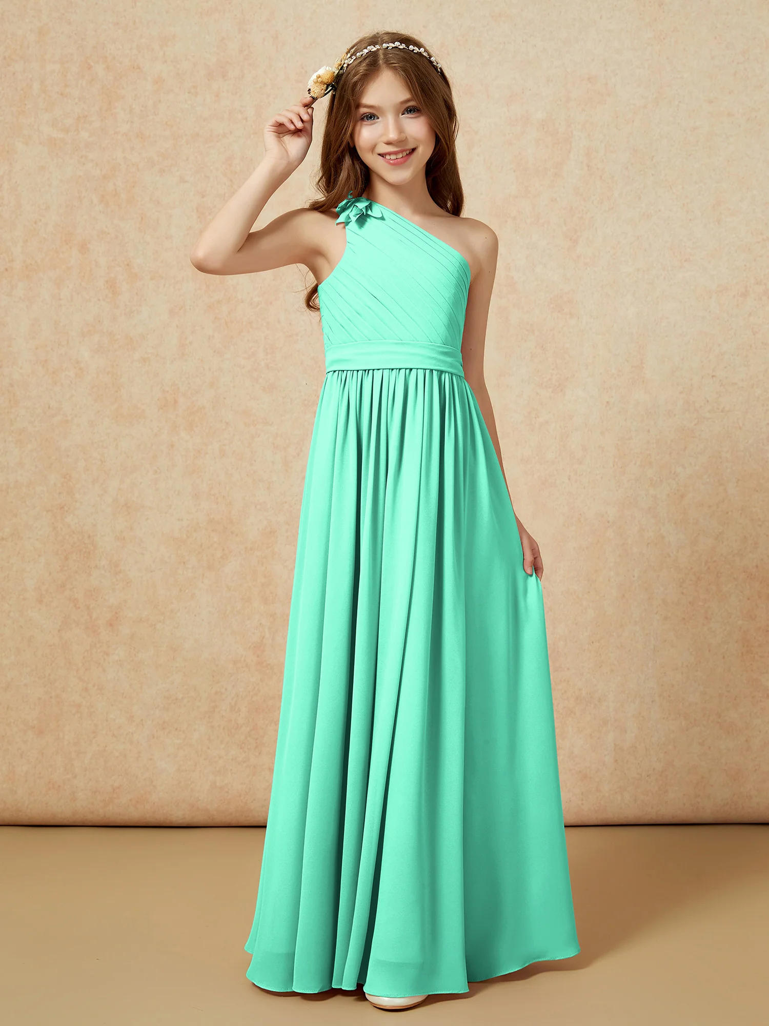 One Shoulder Long Junior Bridesmaid Dress With Belt Turquoise - Image 3