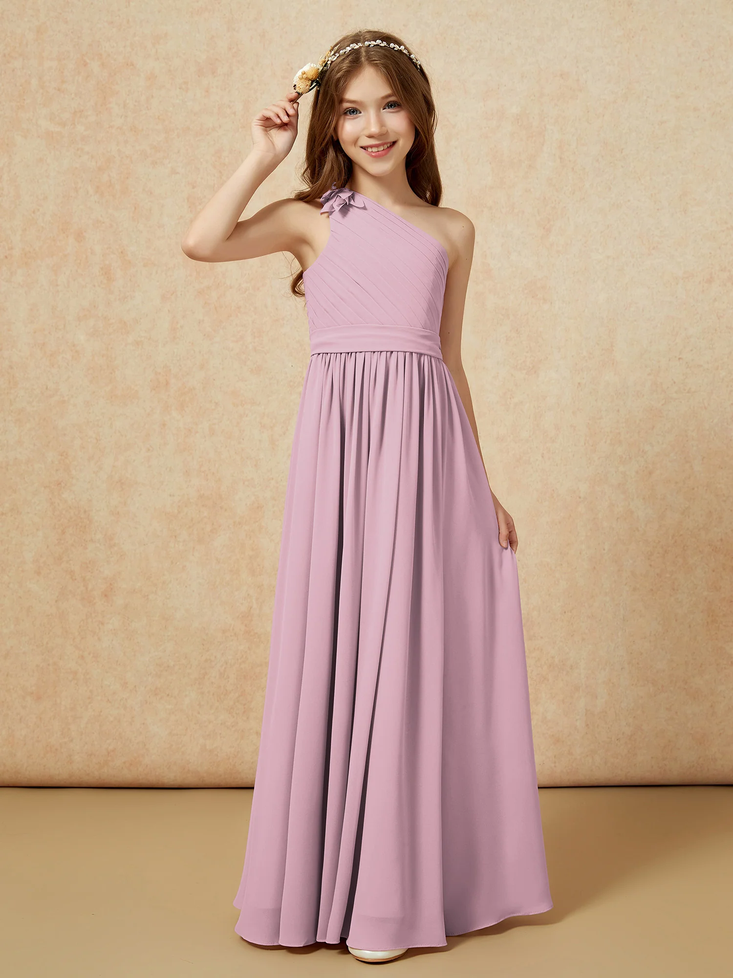 One Shoulder Long Junior Bridesmaid Dress With Belt Vintage Mauve - Image 3