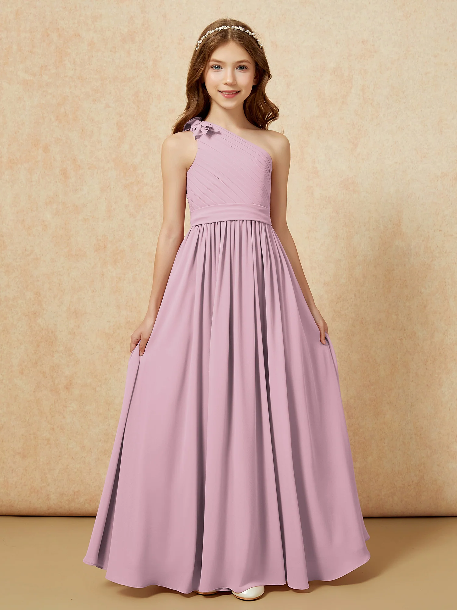 One Shoulder Long Junior Bridesmaid Dress With Belt Vintage Mauve - Image 4