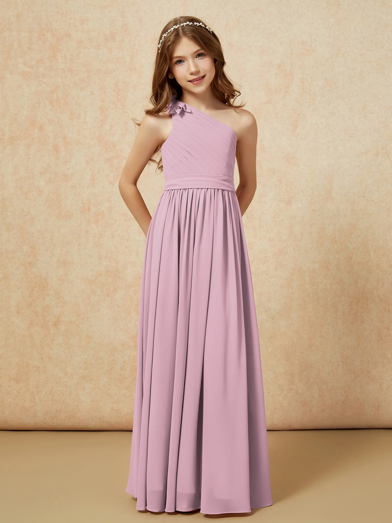 One Shoulder Long Junior Bridesmaid Dress With Belt Vintage Mauve - Image 5