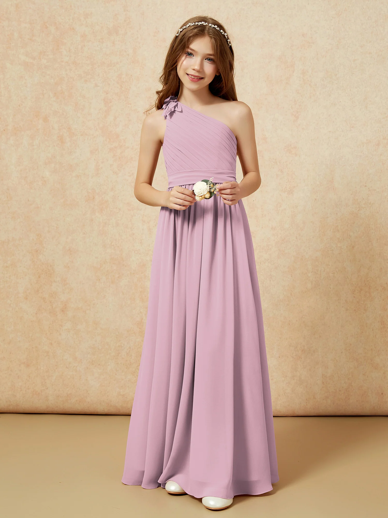 One Shoulder Long Junior Bridesmaid Dress With Belt Vintage Mauve - Image 6
