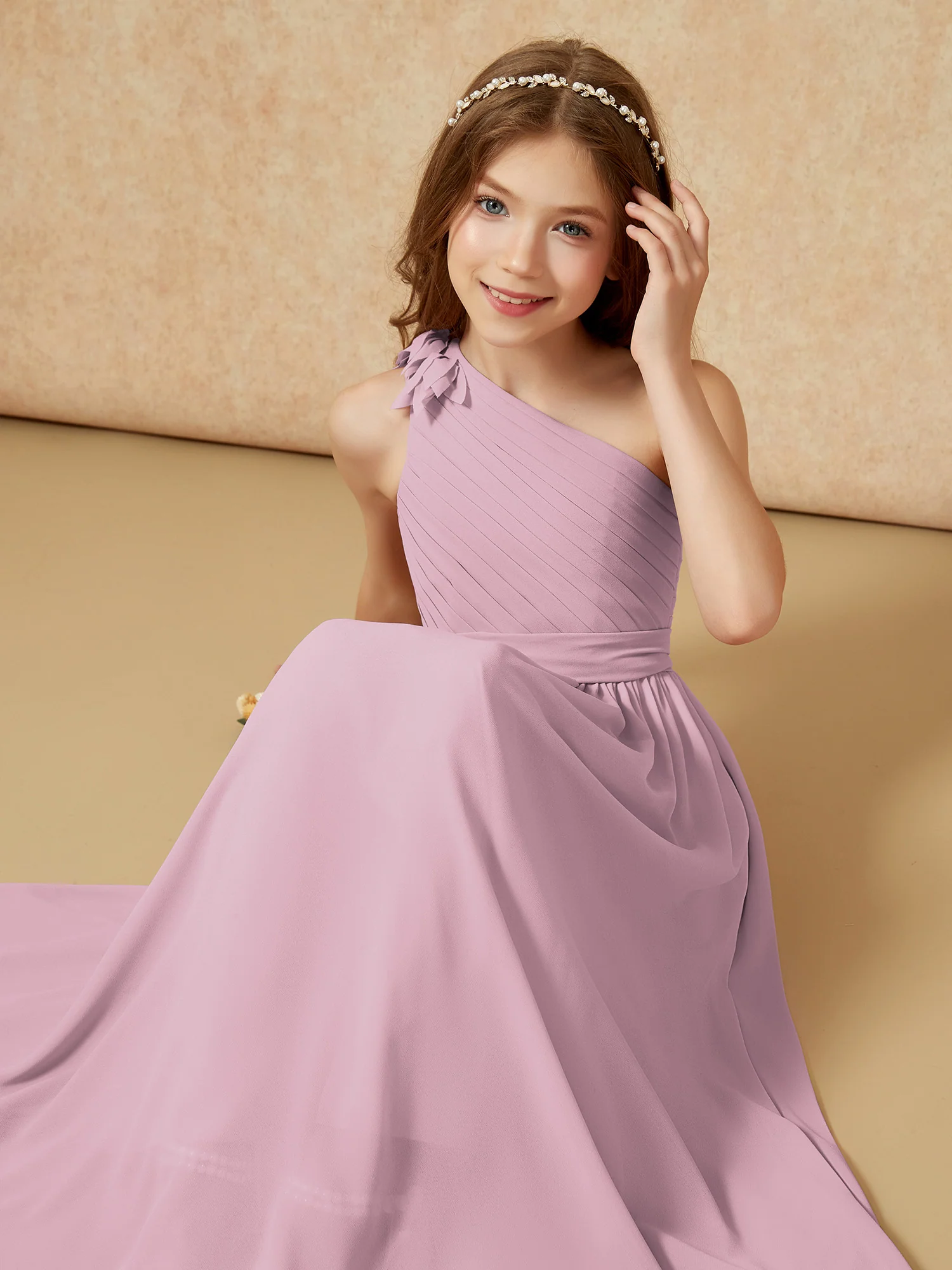 One Shoulder Long Junior Bridesmaid Dress With Belt Vintage Mauve - Image 7