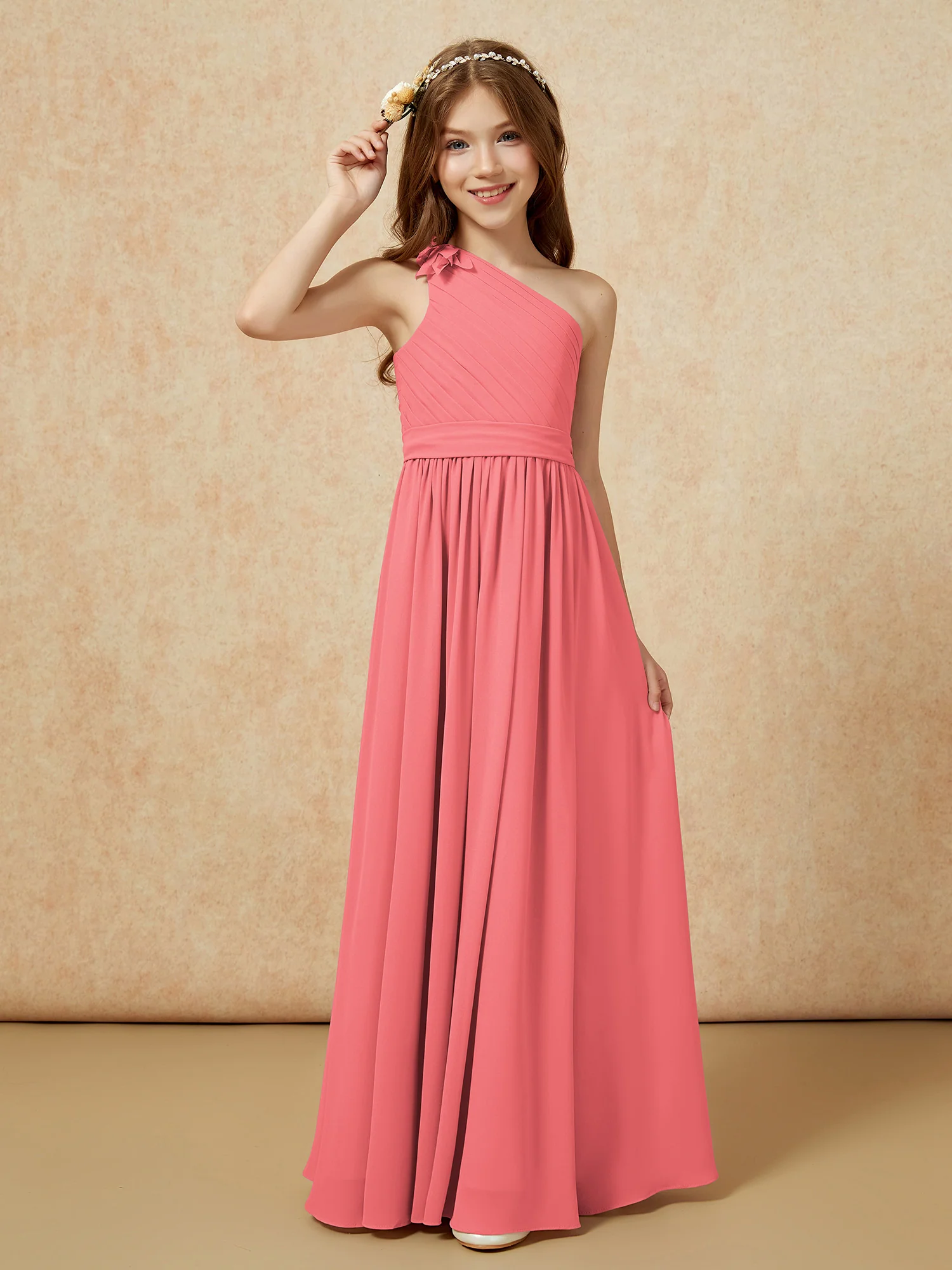 One Shoulder Long Junior Bridesmaid Dress With Belt Watermelon - Image 3