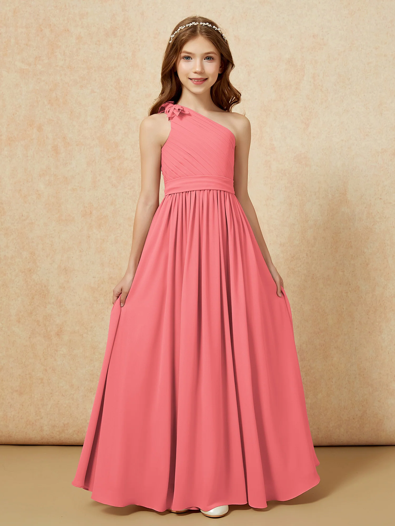 One Shoulder Long Junior Bridesmaid Dress With Belt Watermelon - Image 4