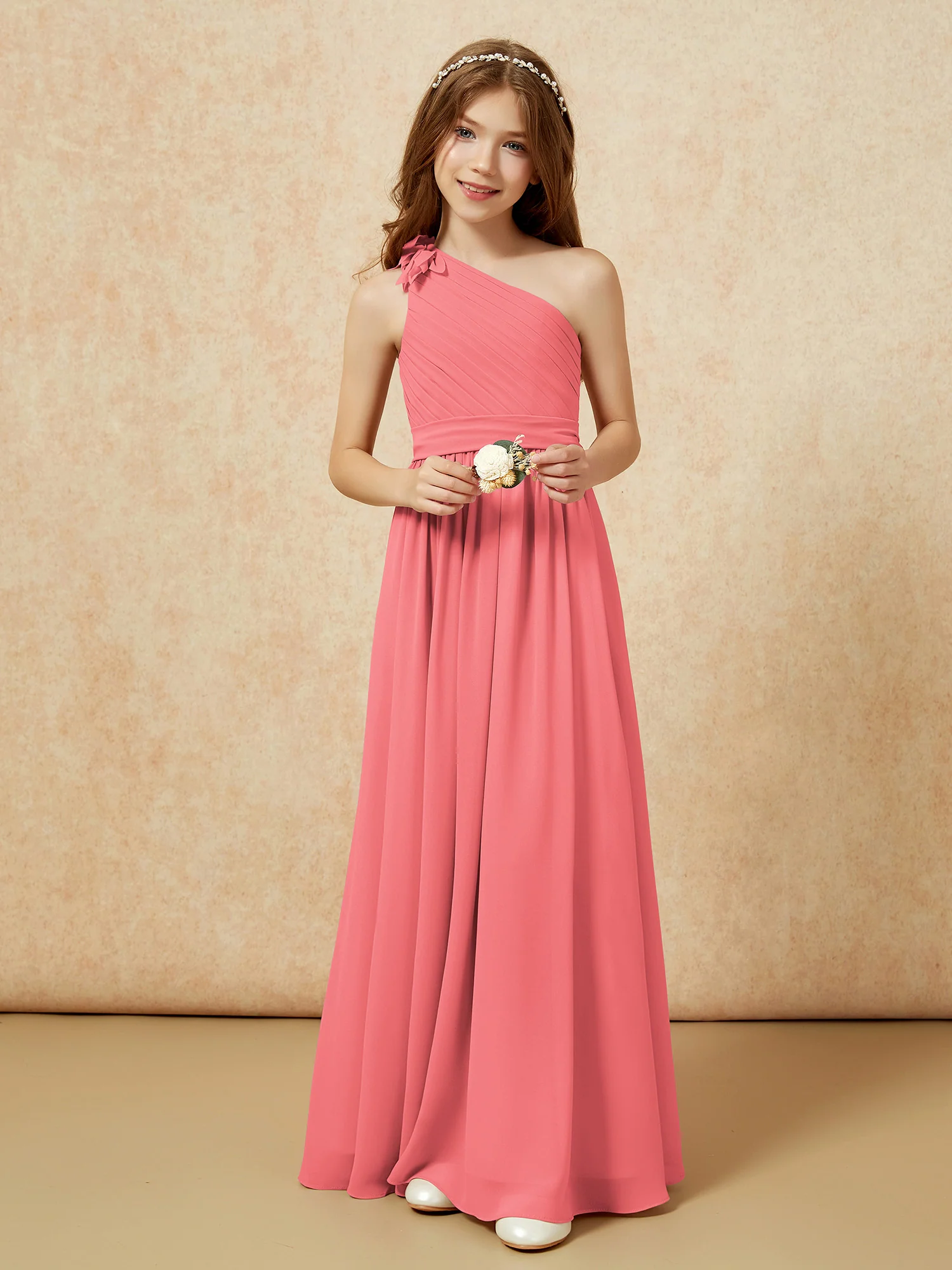 One Shoulder Long Junior Bridesmaid Dress With Belt Watermelon - Image 6