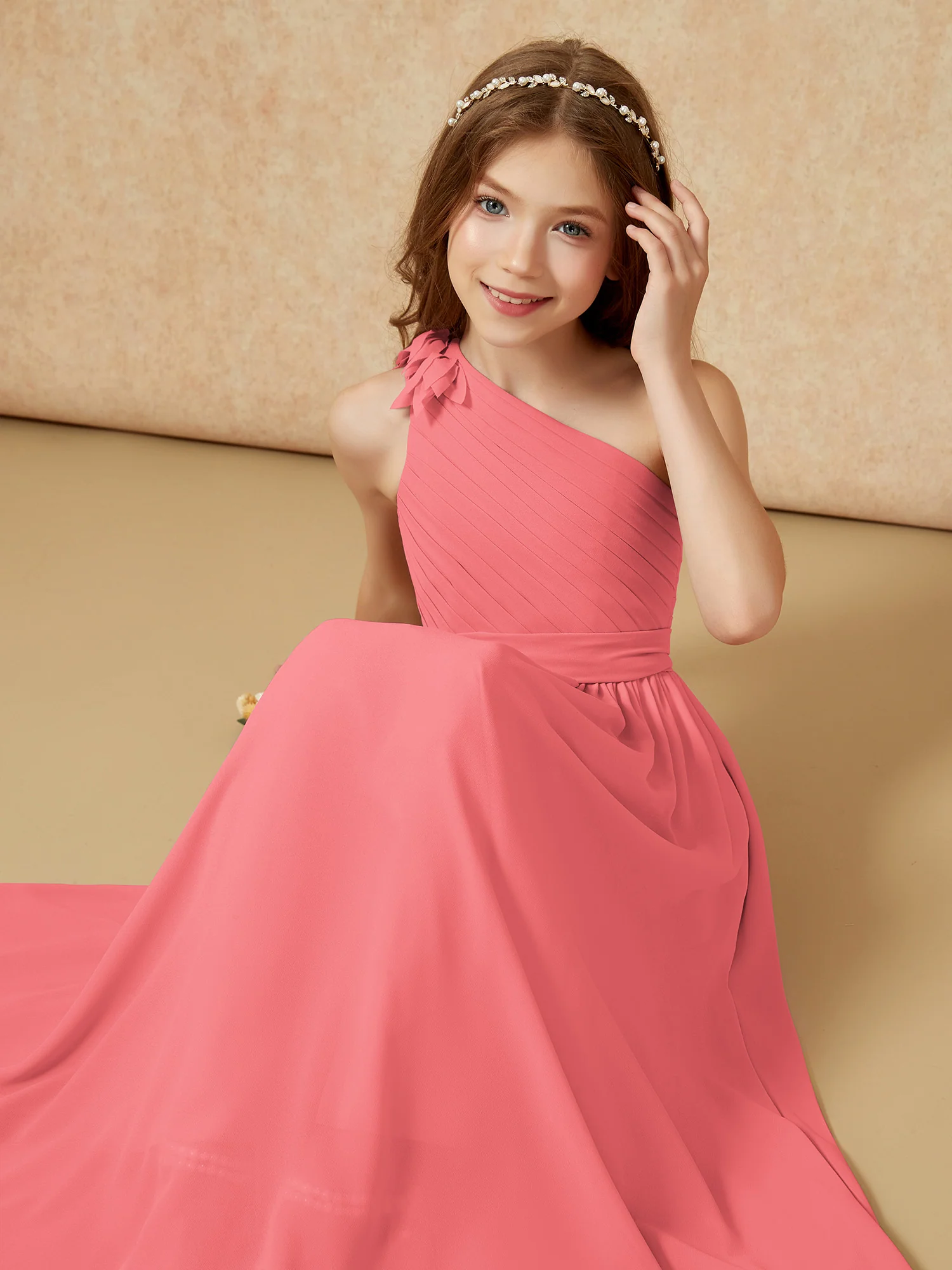 One Shoulder Long Junior Bridesmaid Dress With Belt Watermelon - Image 7