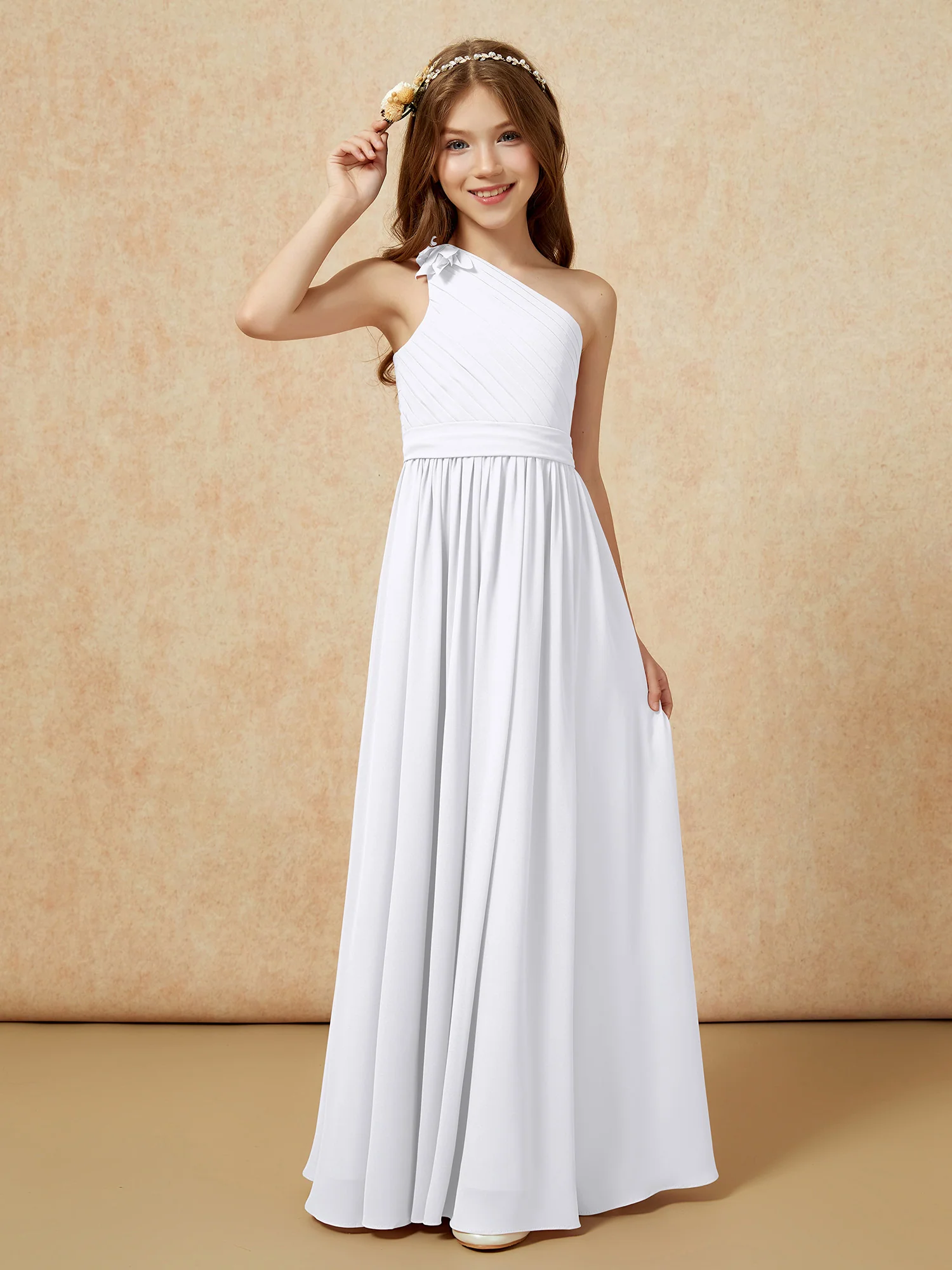 One Shoulder Long Junior Bridesmaid Dress With Belt White - Image 3