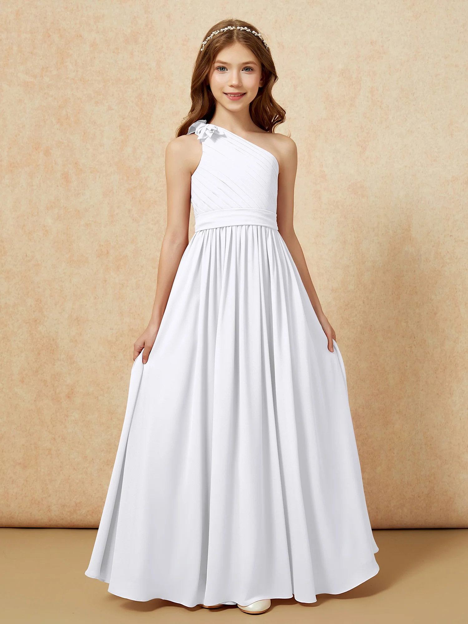 One Shoulder Long Junior Bridesmaid Dress With Belt White - Image 4