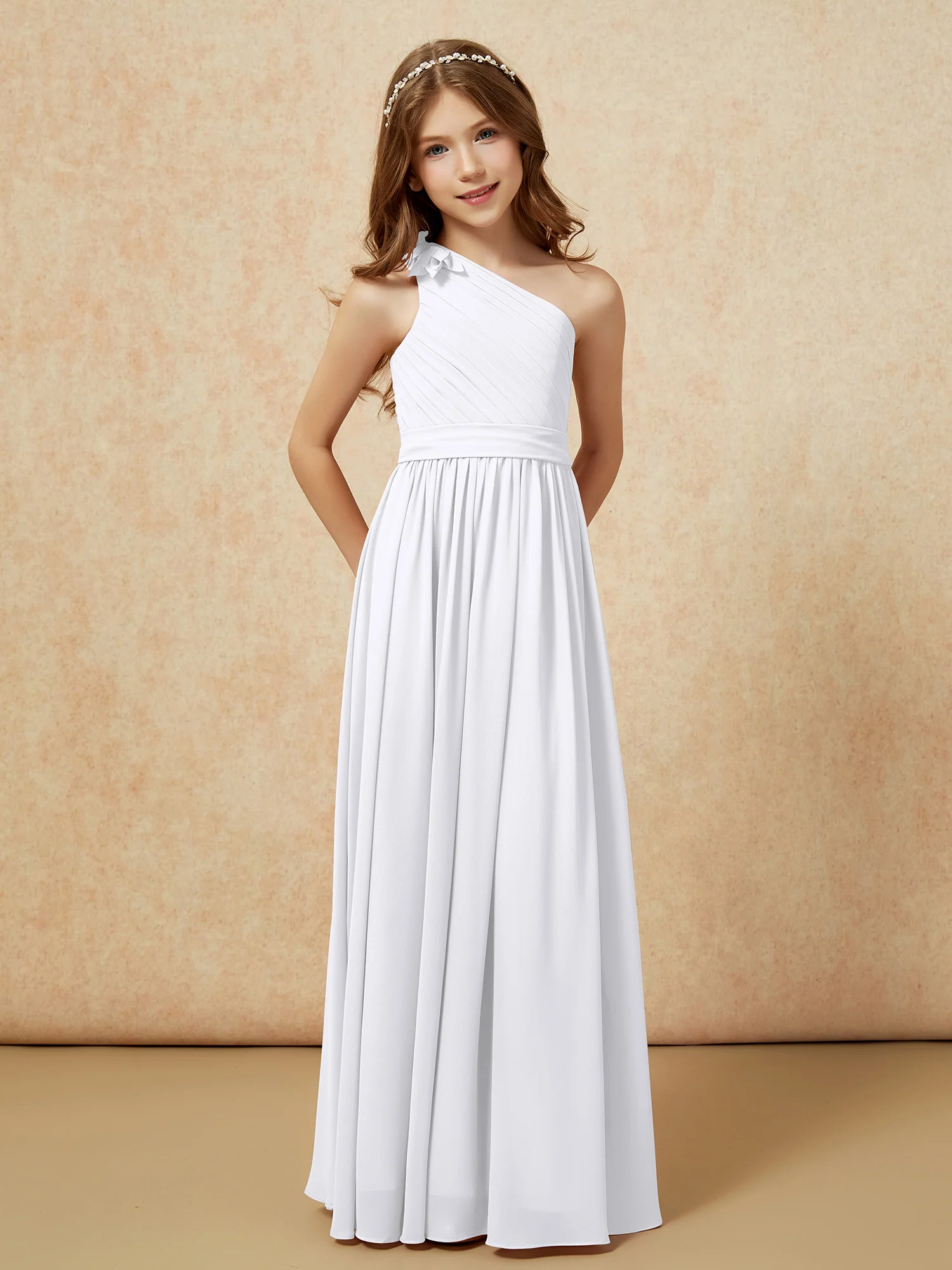 One Shoulder Long Junior Bridesmaid Dress With Belt White - Image 5