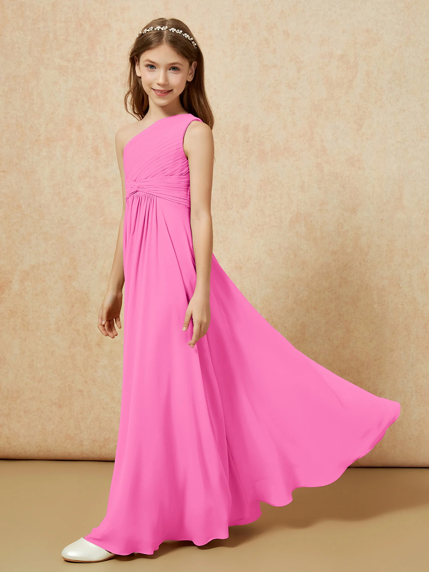 One Shoulder Pleated Chiffon Junior Bridesmaid Dress Azalea - Image 3