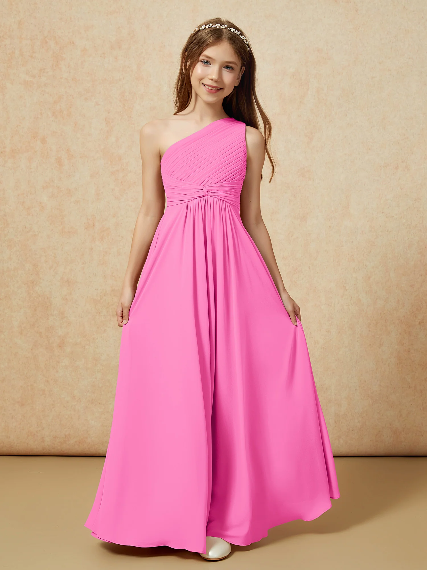 One Shoulder Pleated Chiffon Junior Bridesmaid Dress Azalea - Image 4