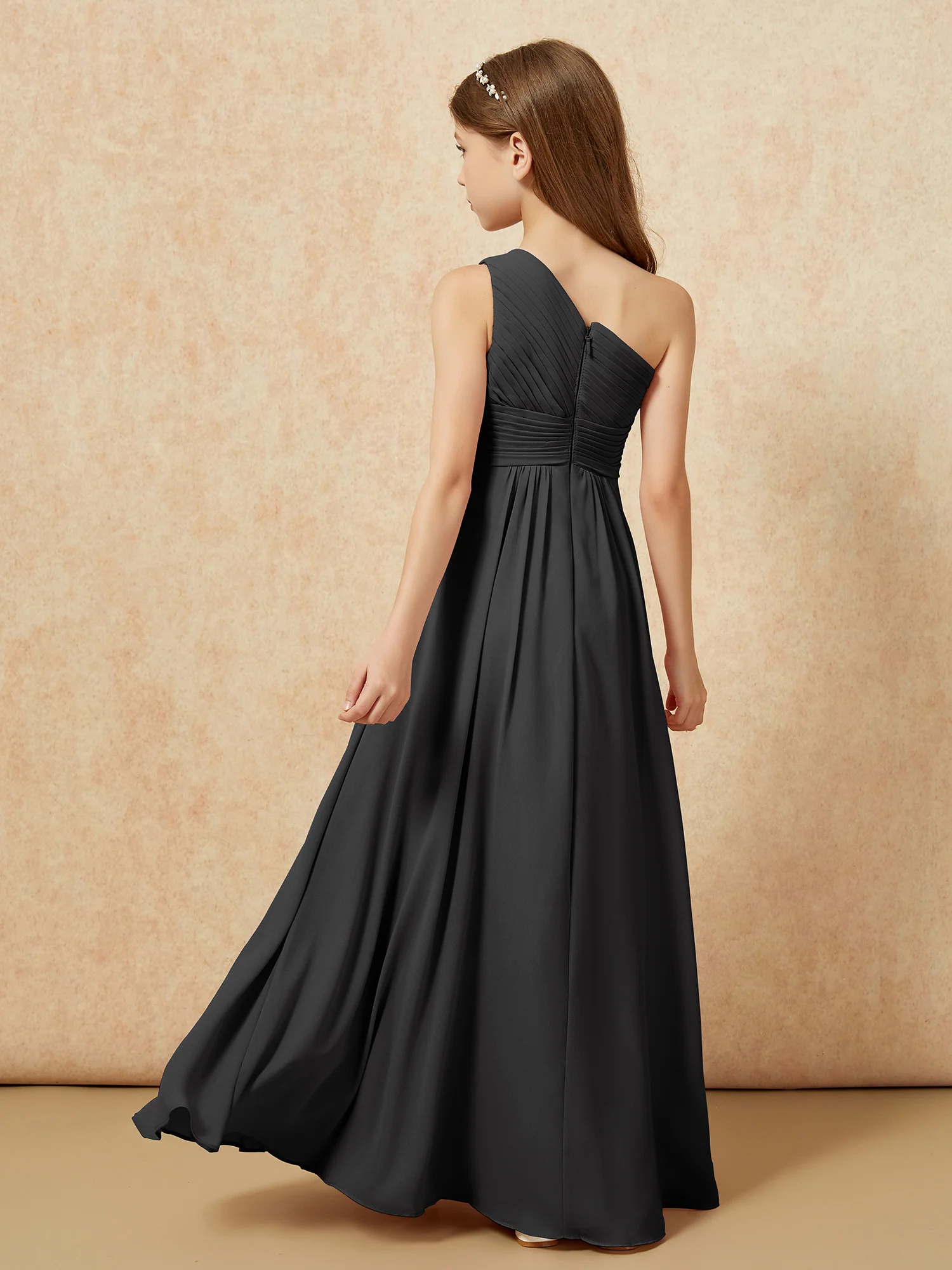 One Shoulder Pleated Chiffon Junior Bridesmaid Dress Black - Image 2