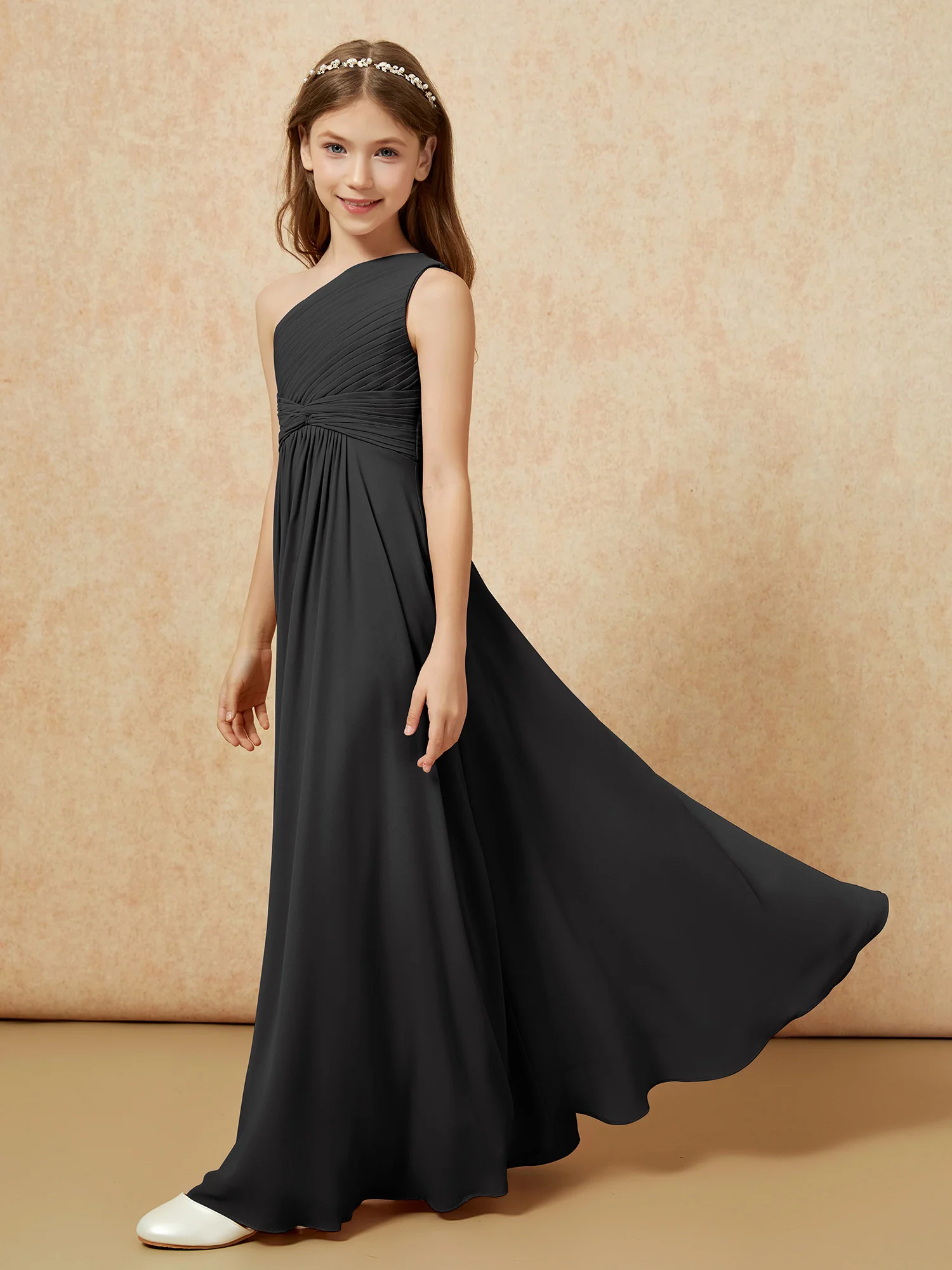 One Shoulder Pleated Chiffon Junior Bridesmaid Dress Black - Image 3